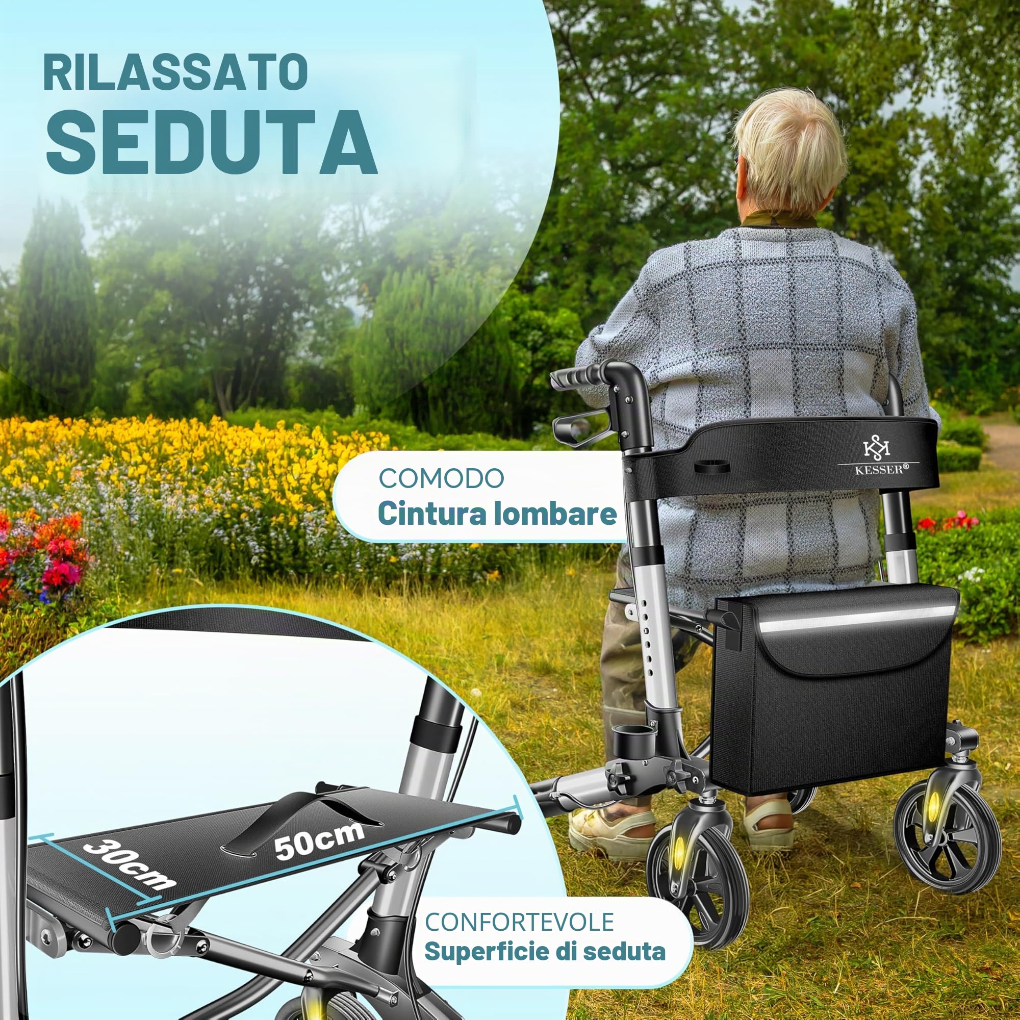 KESSER Leggero deambulatore pieghevole Girello ultraleggero con 4 ruote Premium in alluminio Rollator Set Peso massimo sopportato: 136 Kg