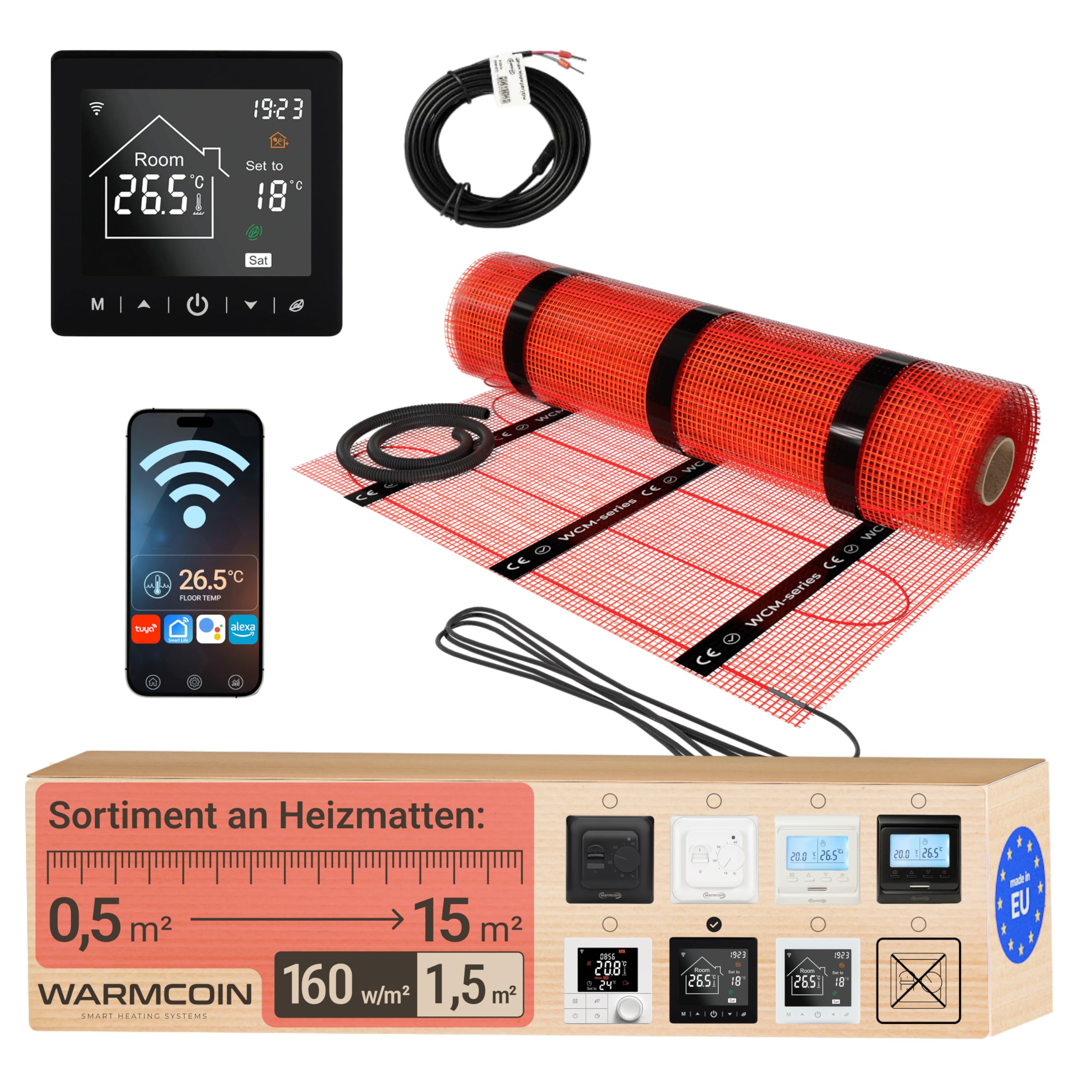 Warmcoin Elektrische Fußbodenheizung Komplettset – Selbstklebende Heizmatte für Fliesen, Laminat, Vinyl & Parkett – Inkl. Thermostat W70 Weiß