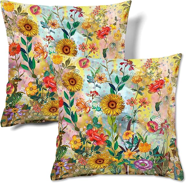 HMS Happy Memories Bohemian Flower Boho Floral Velvet Cushion Cases Square Decorative Throw Pillow Cover 45x45cm(18x18 Inch) Set of 2 for Couch Sofa Bed Living Room Bedroom (Color 4)