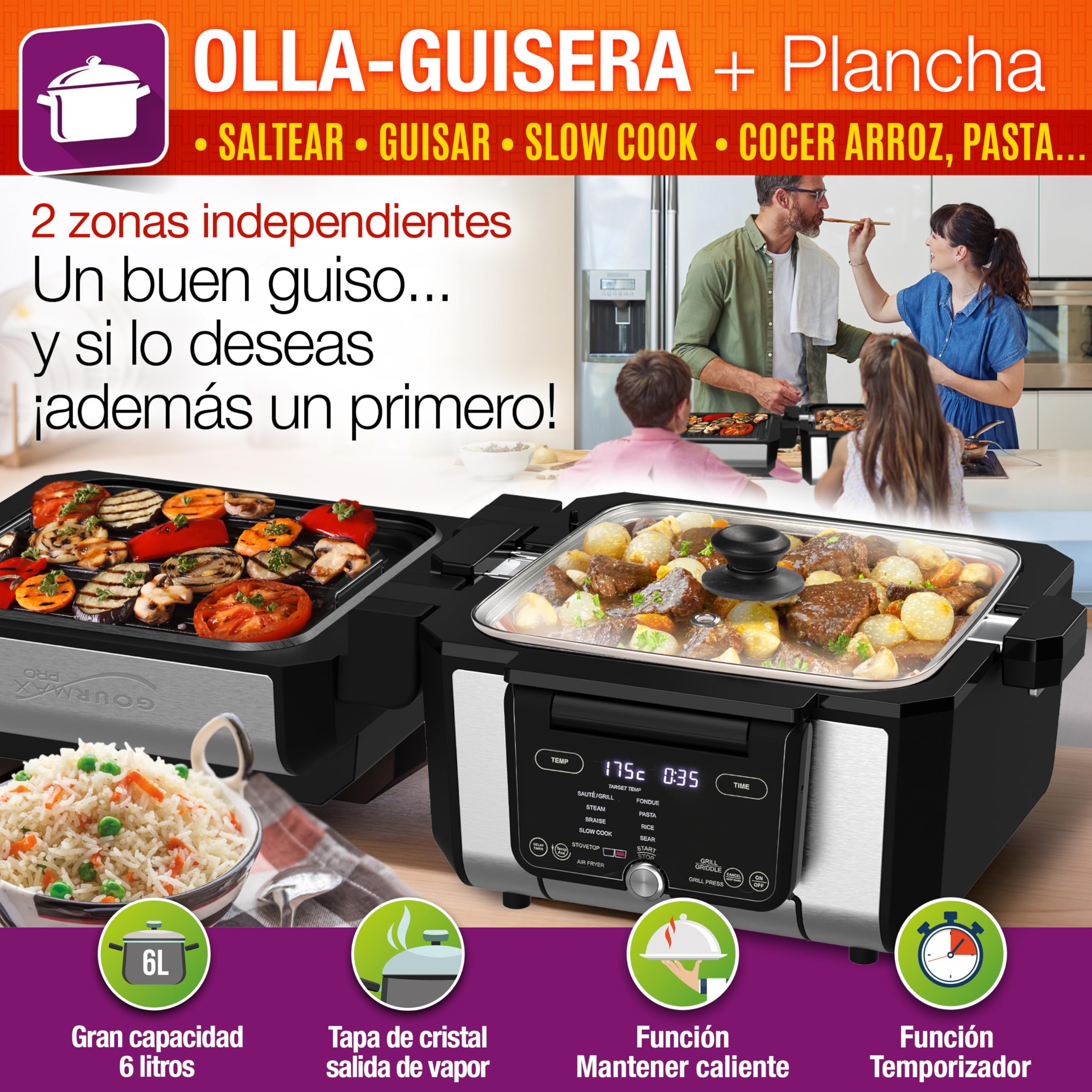 GOURMAX PRO Multifunción: Air Fryer + Horno + Plancha + Parrilla + Grill-Press + Olla 5.6L + Tapa vidrio. 2 zonas XXL independientes, 2 recetas a la vez: 16 Menús. Recetario. Ahorra Energía