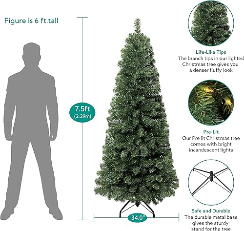 Miniatura 3 de Vienna - Árbol de Navidad artificial preiluminado delgado de 7.5 pies con 1102 puntas de rama, 350 luces cálidas y soporte de metal, árbol de