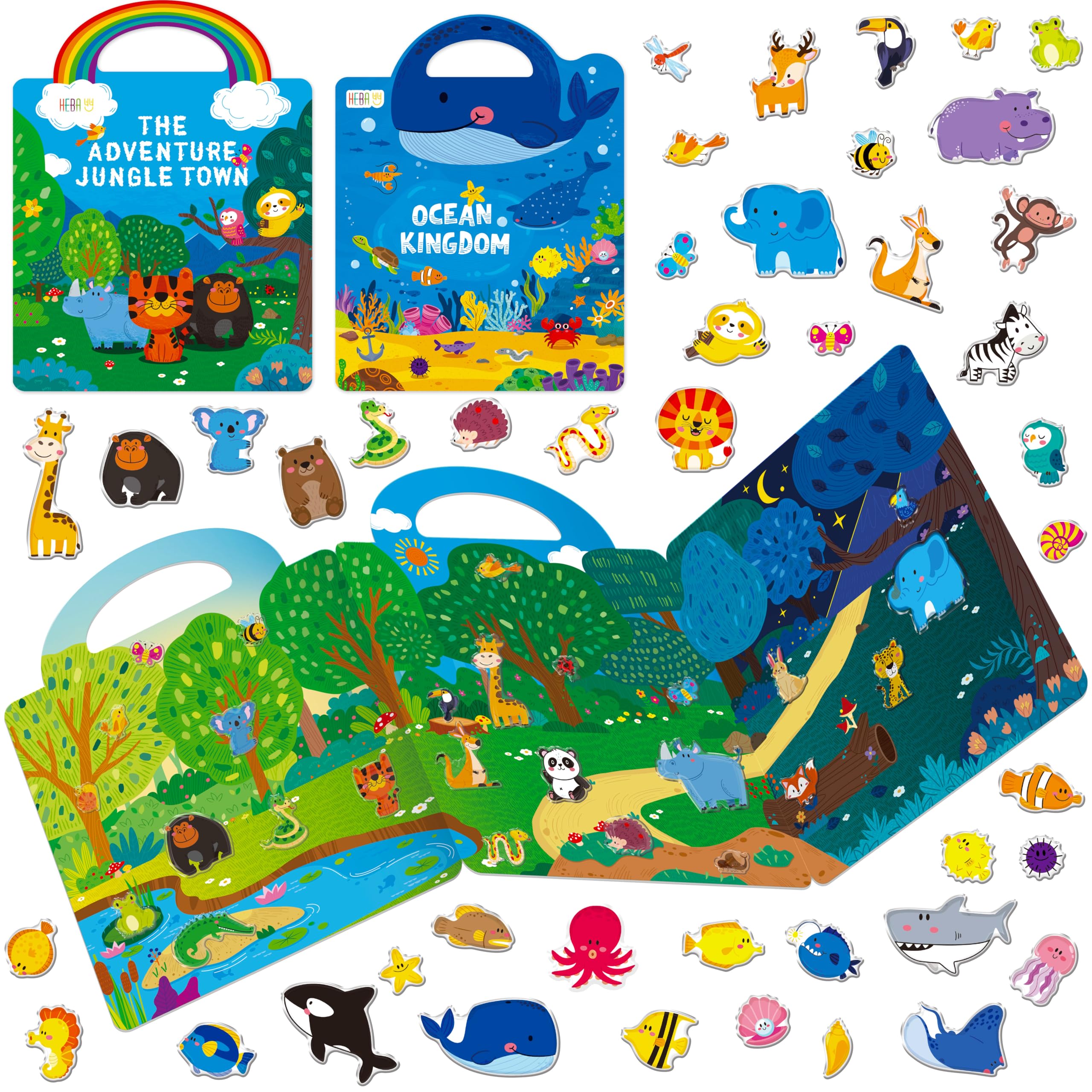 2 Packs Jelly Sticker Book, 72 Thick Animals Jelly Stickers Waterproof Gel Cling Decals, Wild & Marine Animal-Themed Matching Game, Reusable Craft Activity Book Educational Learning Toys for Toddlers