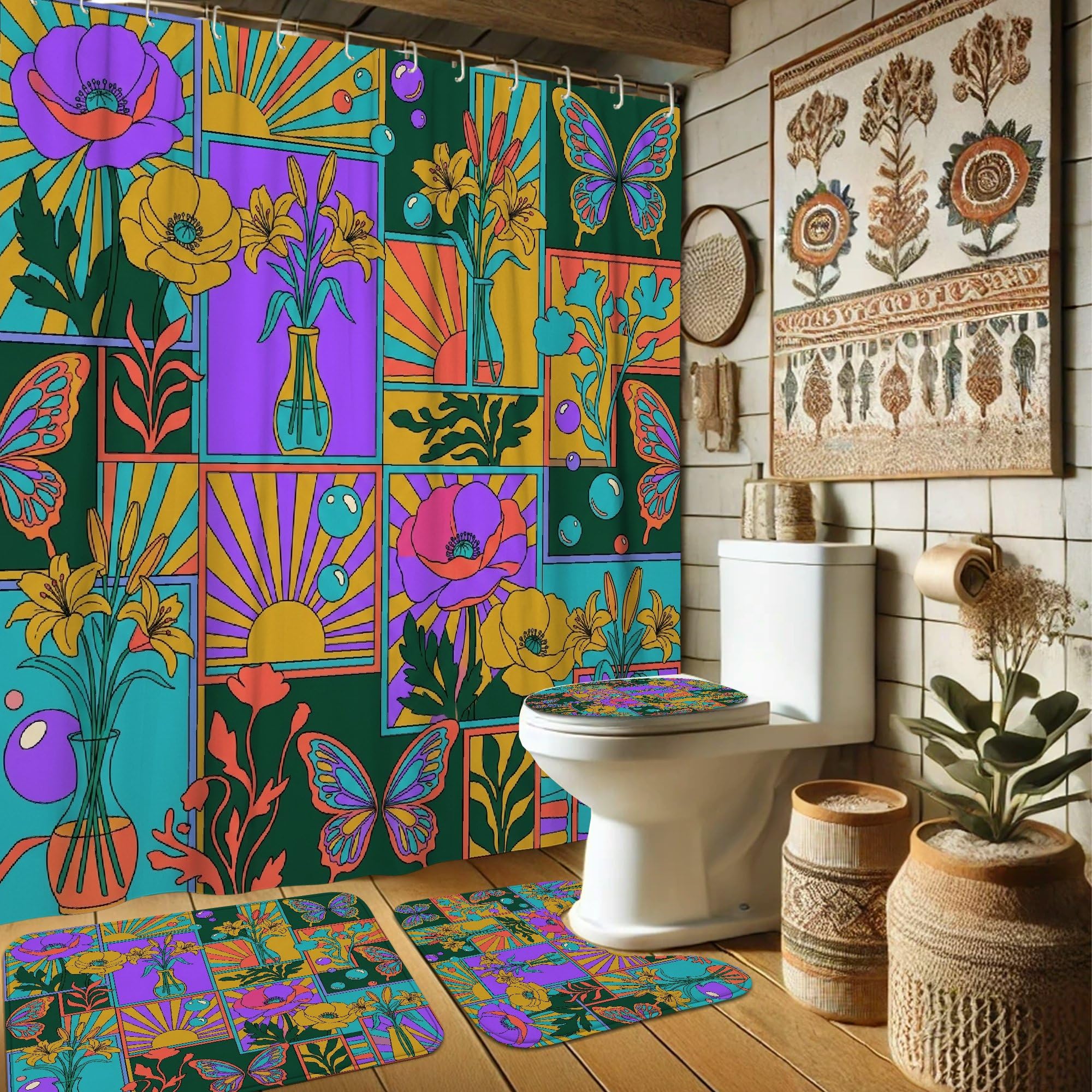 Rideau de douche papillon fleurs bohèmes et soleil turquoise pour salle de bain
