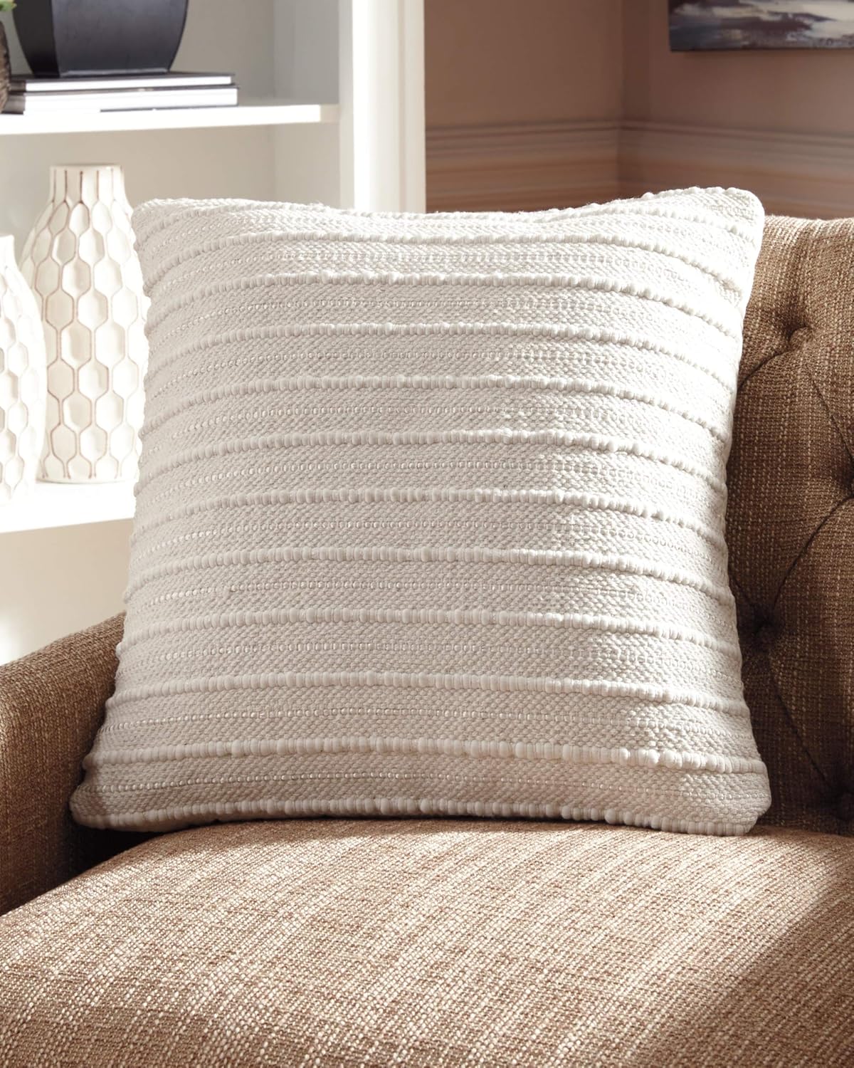 Signature Design by Ashley Theban Handwoven Neutral Throw Pillow, 20 x 20 Inches, Cream