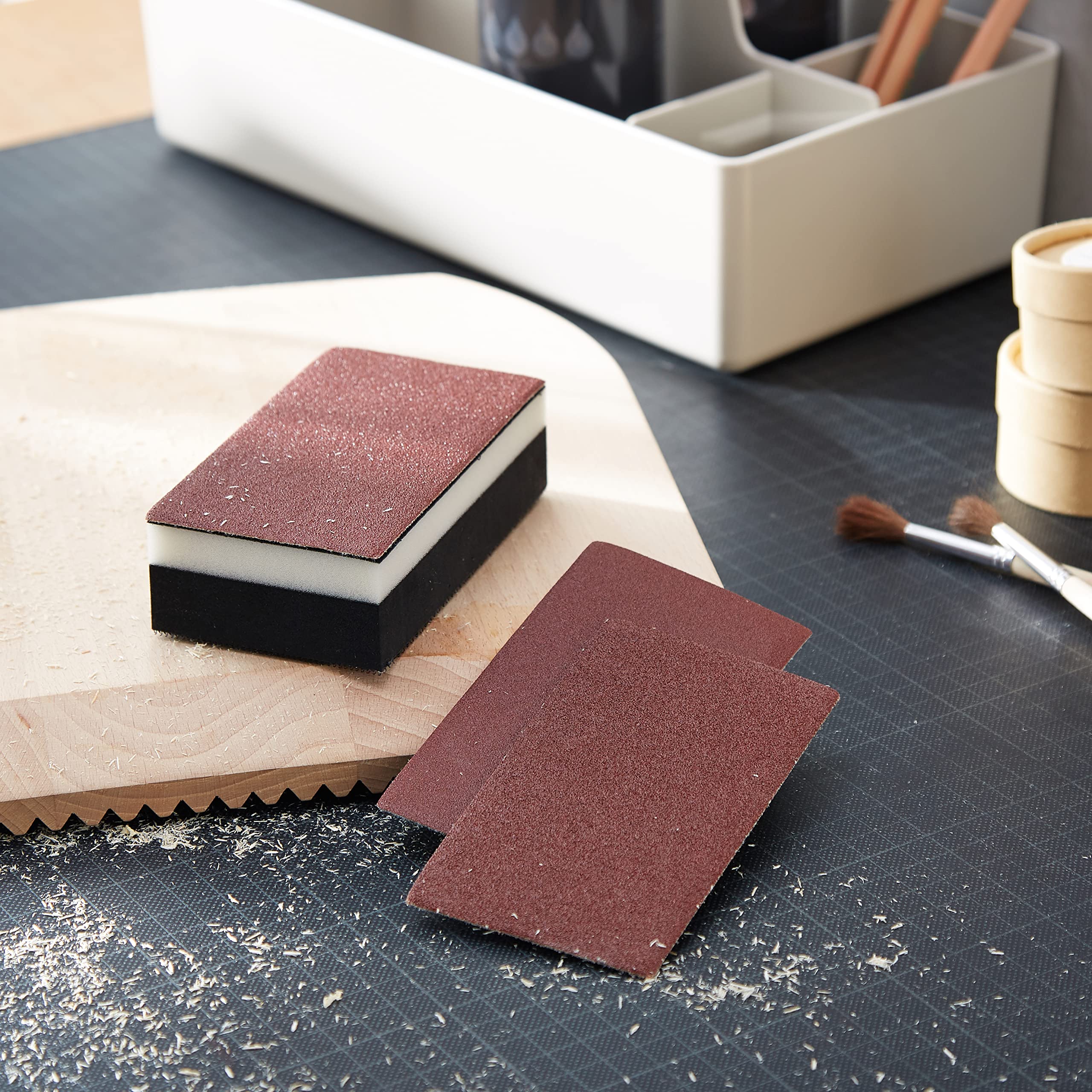 Set di levigatrici manuali adesive wolfcraft, 4 pezzi I 2892000 I con tessuto velcro I per legno, lamiere, plastica e altro I incluse 3 strisce abrasive adesive