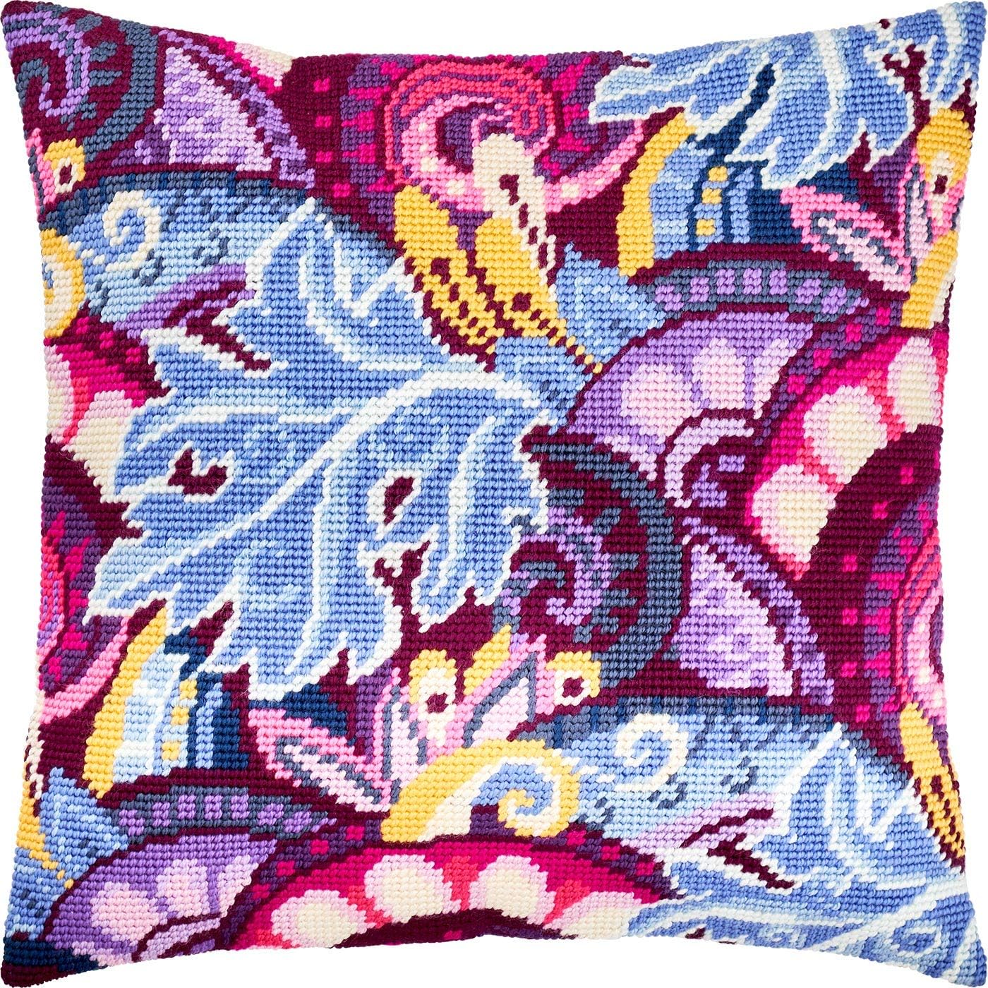Brvsk Ornamental Embroidery Kit for Adults and Beginners — Violet Fairy Tale 16″ × 16″ with Clear, Precise Printed Design on Cotton Canvas; Includes 2 Needles, Yarn, and Easy-Read Chart