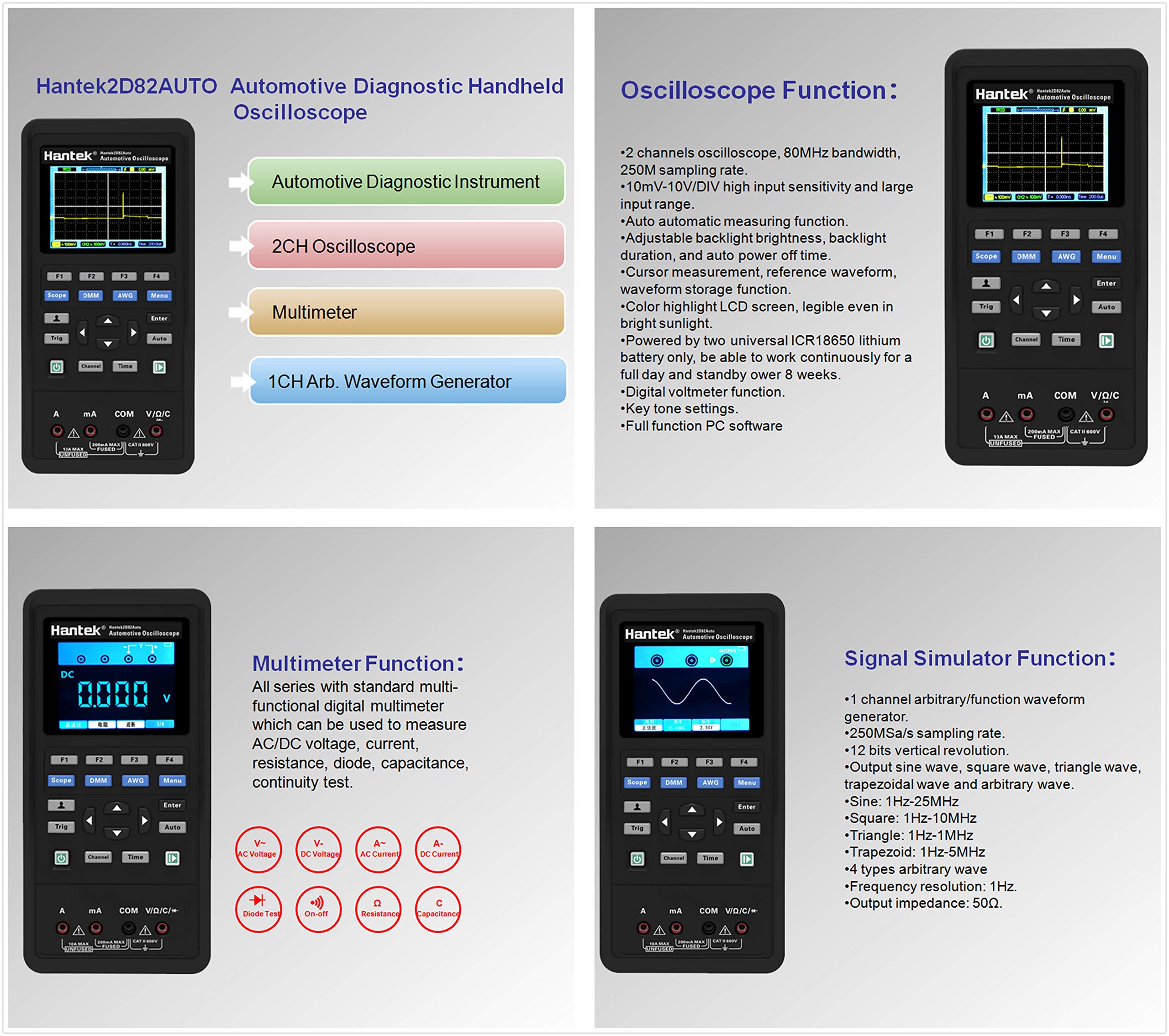 Hantek Professional Automotive Oscilloscope 2D82AUTO, 4 in 1 Handheld