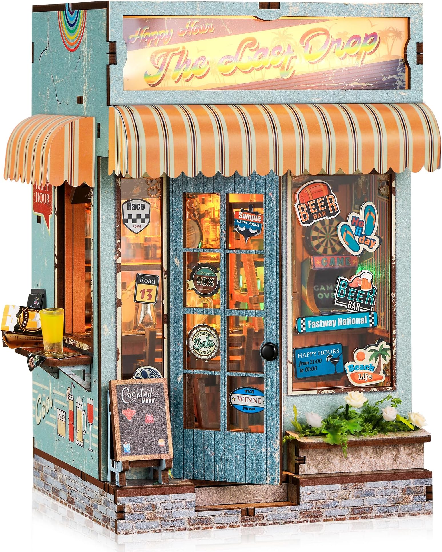3D Wooden Puzzle Beer Bar Miniature Kit - DIY Dollhouse with LED Lights, Home Decor Display, Creative Gift for Adults and Teens (The Last Drop)