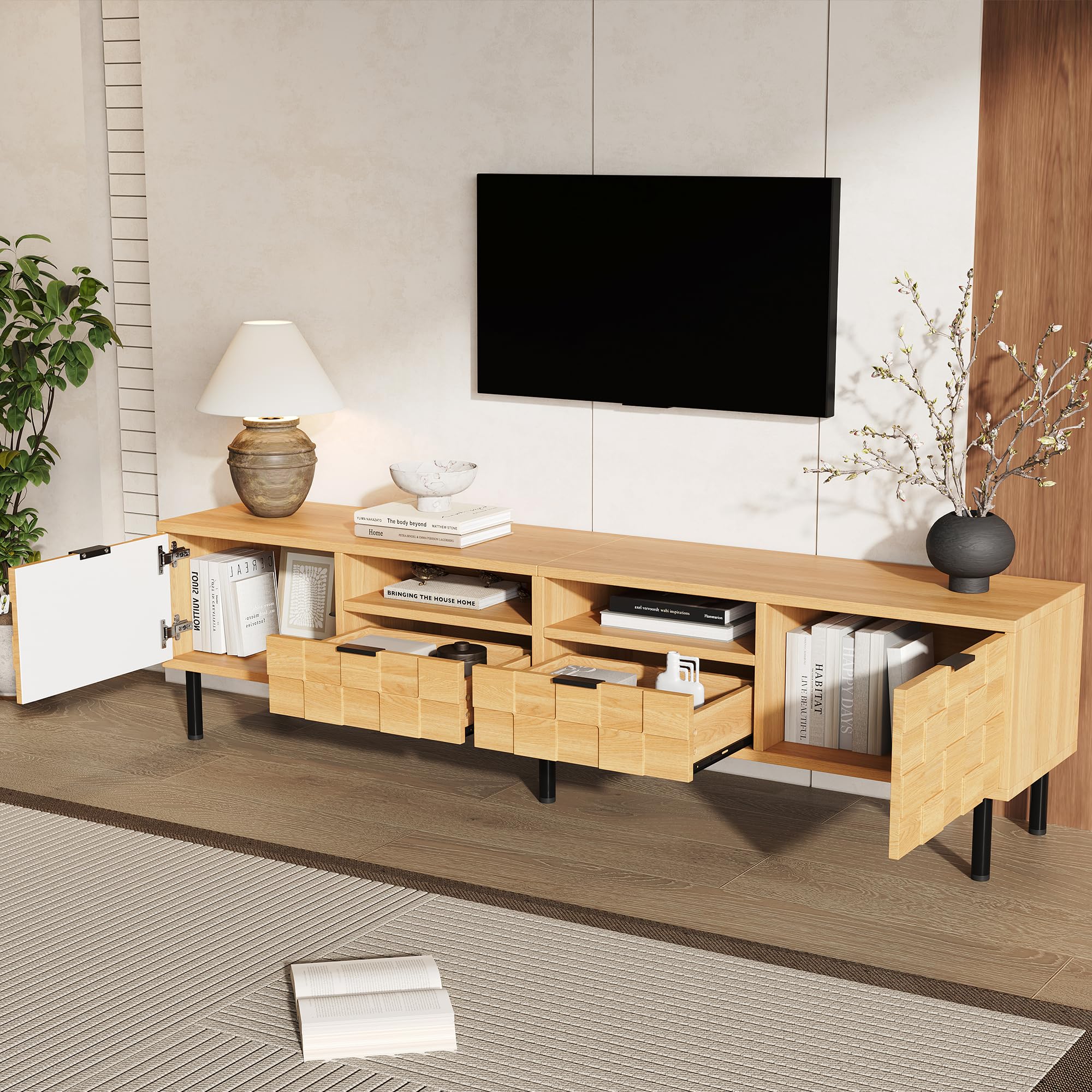 Gecheer TV Lowboard 200x35x44,5cm mit Schubladen Flügeltüren Naturholz