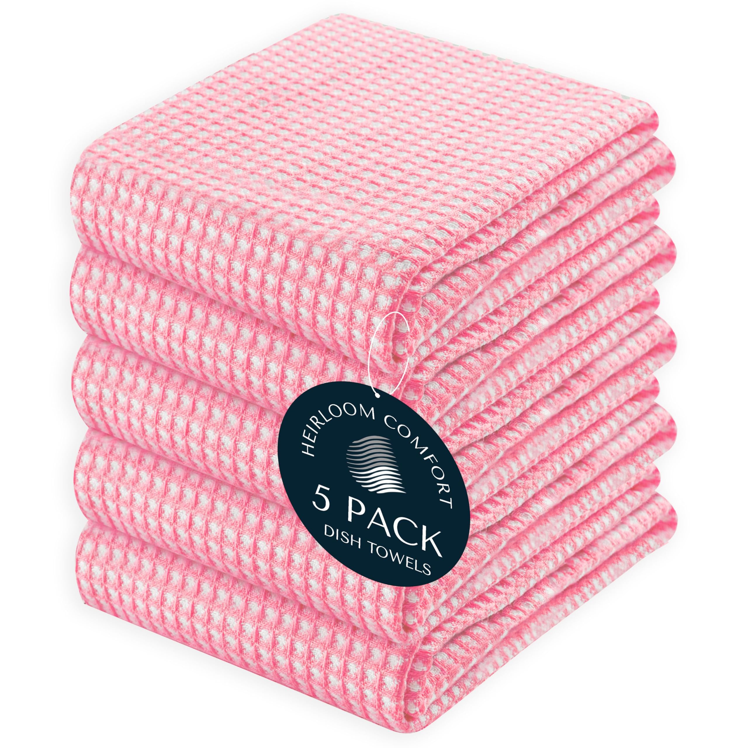 HEIRLOOM COMFORT 5 Pack Dual Tone Waffle Weave Kitchen Towels, 40x66 cm, 100% Cotton, Absorbent, Fast Dry, Soft for Cleaning, Durable Dishcloth Set, Machine Washable, Hand Dish Towels, Baby Pink