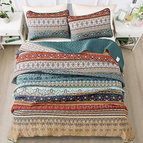 Miniatura 4 de WONGS BEDDING Juego de edredón bohemio tamaño Queen, color verde y marrón, juego de ropa de cama bohemio tamaño Queen, colcha de microfibra ligera