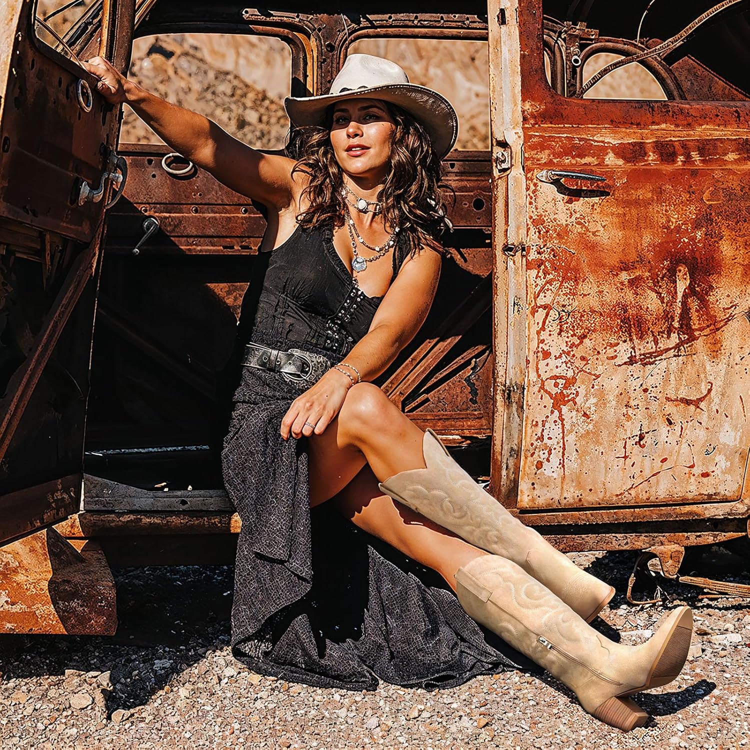 Pasuot Suede Cowboy Boots for Women - Beige Western Knee High Cowgirl Boots with Side Zipper, Country Pointed Toe Tall Block Heel Pull On Long Boot Fall Winter Concert Rodeo Festival Daily Size 7 - Image 3