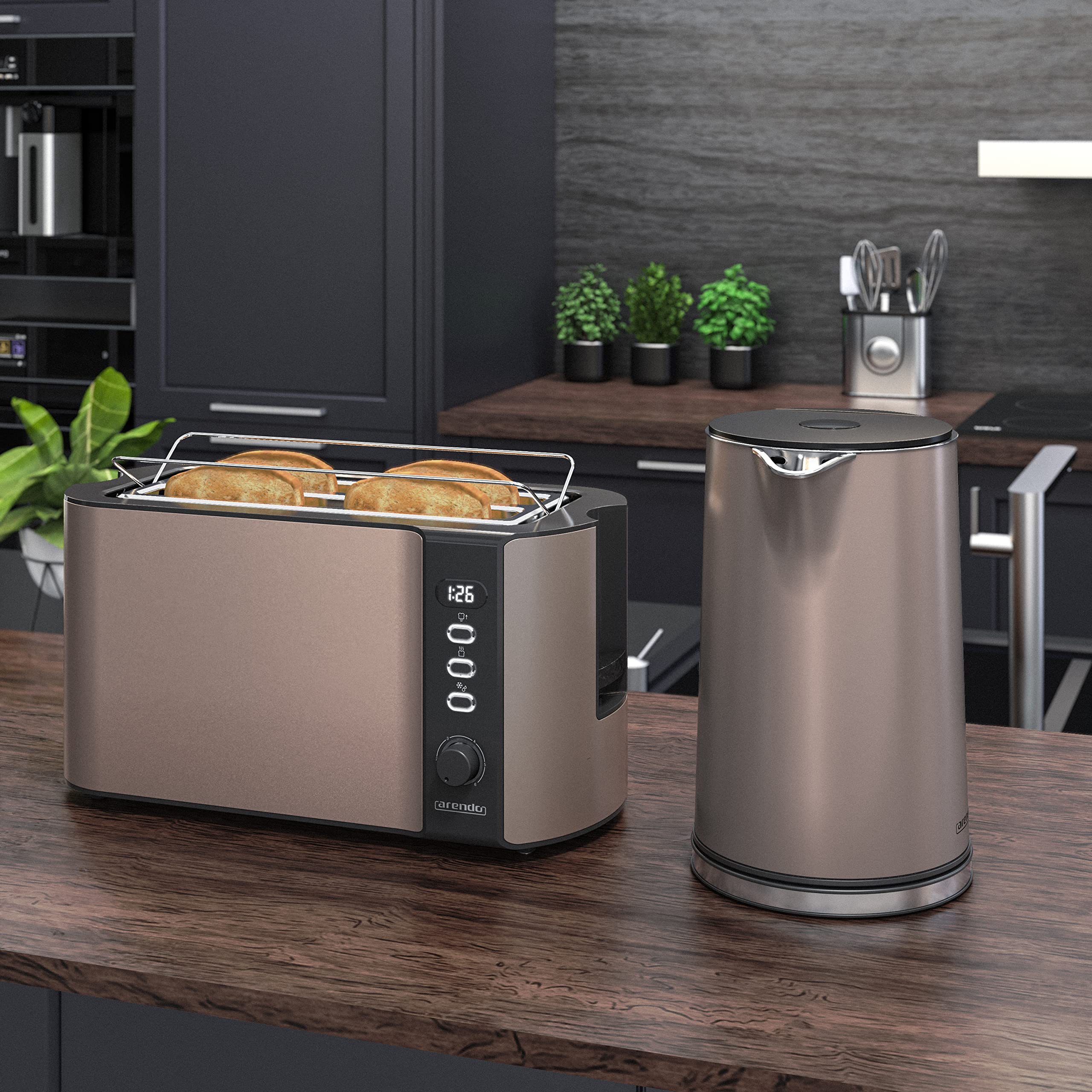 Arendo Wasserkocher Toaster SET Edelstahl Beige 1,5L 40-100°C Warmhaltefunktion 4 Scheiben LED-Display 6 Bräunungsgrade