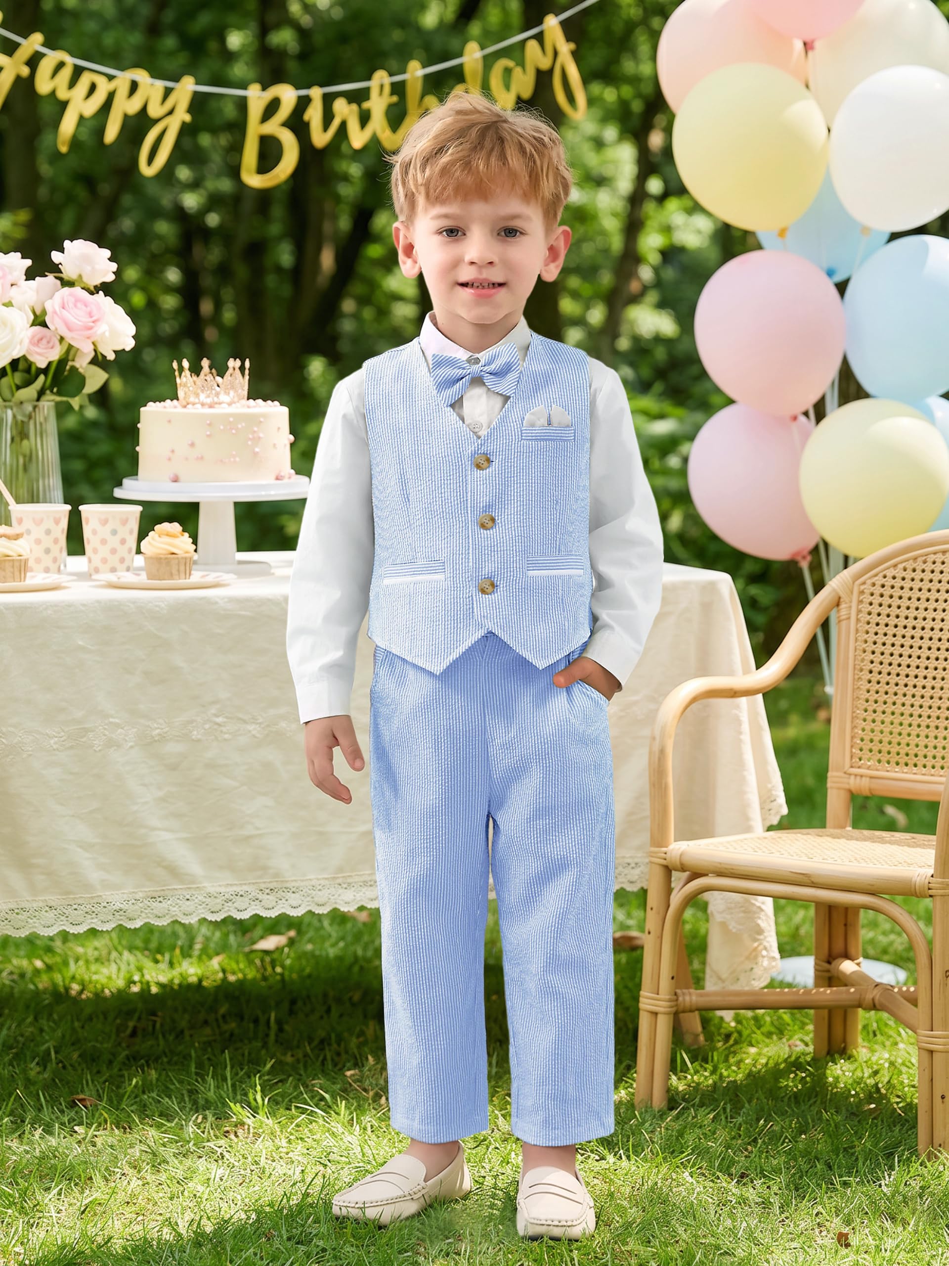 Volunboy Baby Jungen Anzug, 5-TLG Elegantes Hochzeit-Set mit Weste, Hemd, Hose, Boutonnière und Papillon