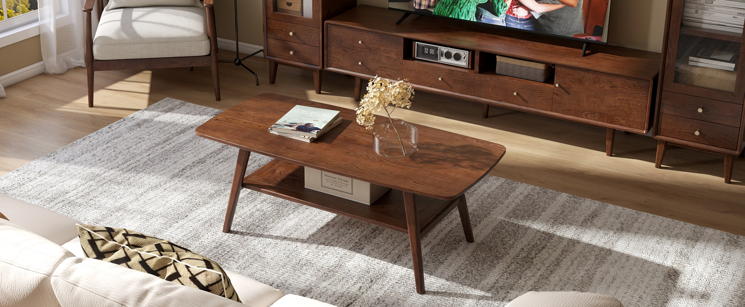 Solid Oak Coffee Table With Shelf – Mid Century Modern Storage Table For Living Room, 39.37" Natural