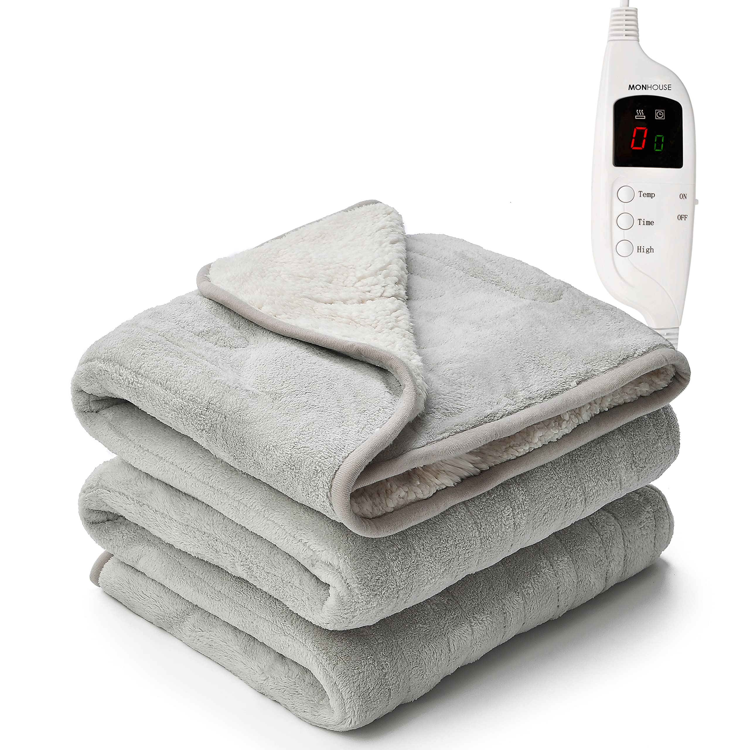 Monhouse Silver Shearling 130X160 Cm Soft Electric Sofa Blanket - Fleece Single Heated Throw With Digital Controller - Machine Washable Bed Throw, Timer Up To 9 Hours, 9 Heat Settings, Auto Shutoff- Silver Sherpa