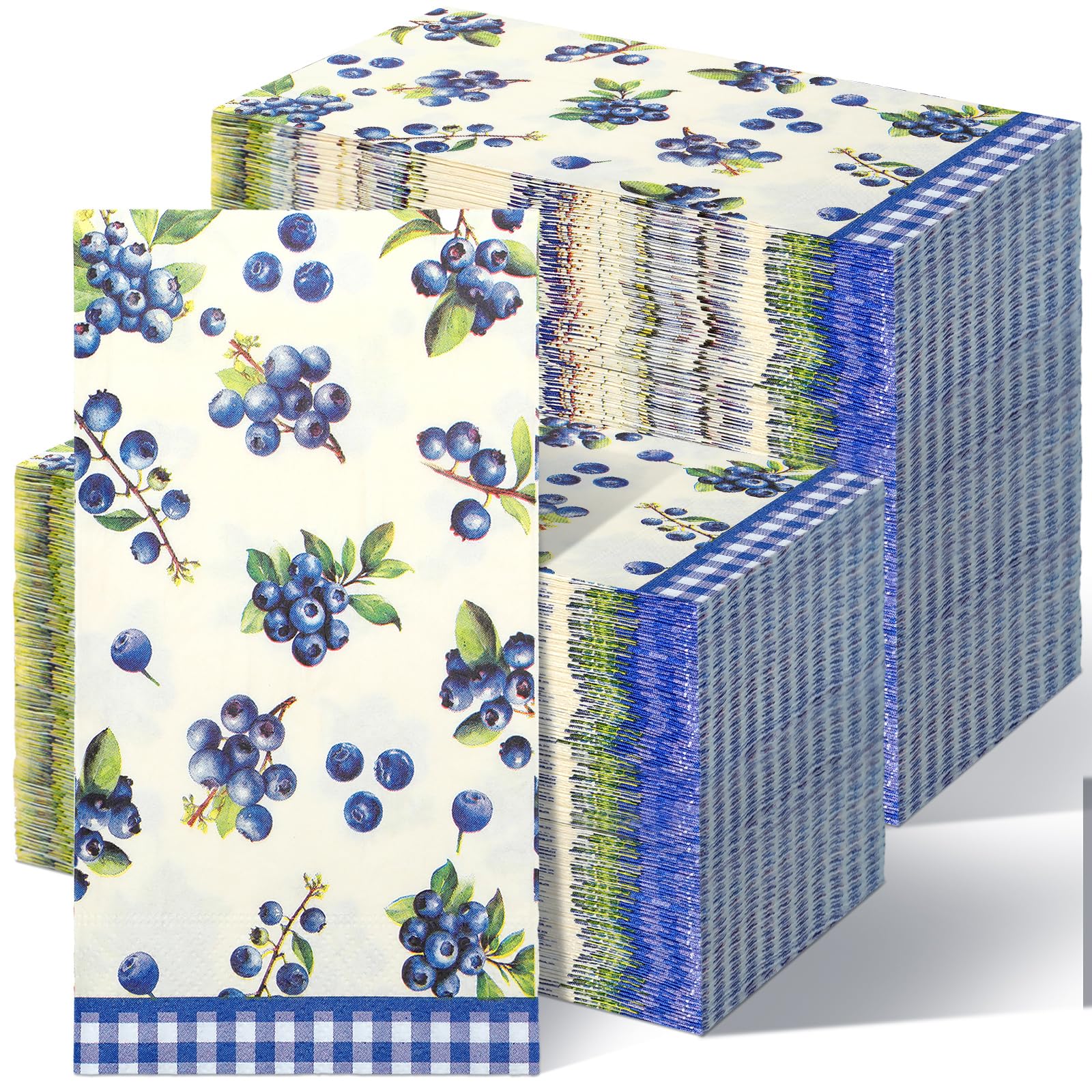 Epakh 200 Pcs Bulk Guest Blueberry Napkins Berry Baby Shower Sweet Decoration 2 Ply Disposable Blueberries Paper Napkins Blue Berry Gingham Dinner