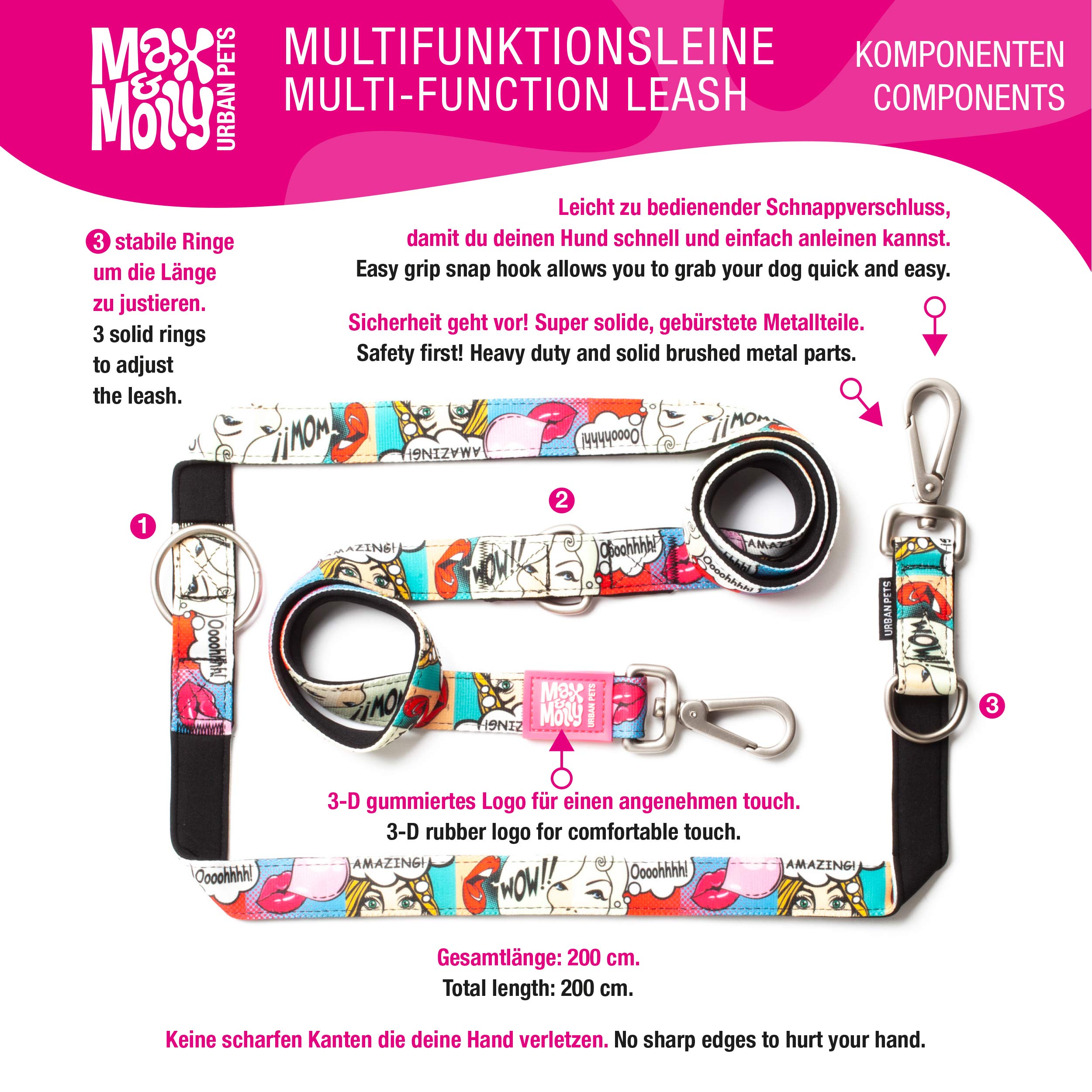 Max & Molly 4894512017016 Comfortable, Safe, Padded Neoprene, Cool and Flexible, Multifunctional Lead, M, Matrix Pink - Image 2