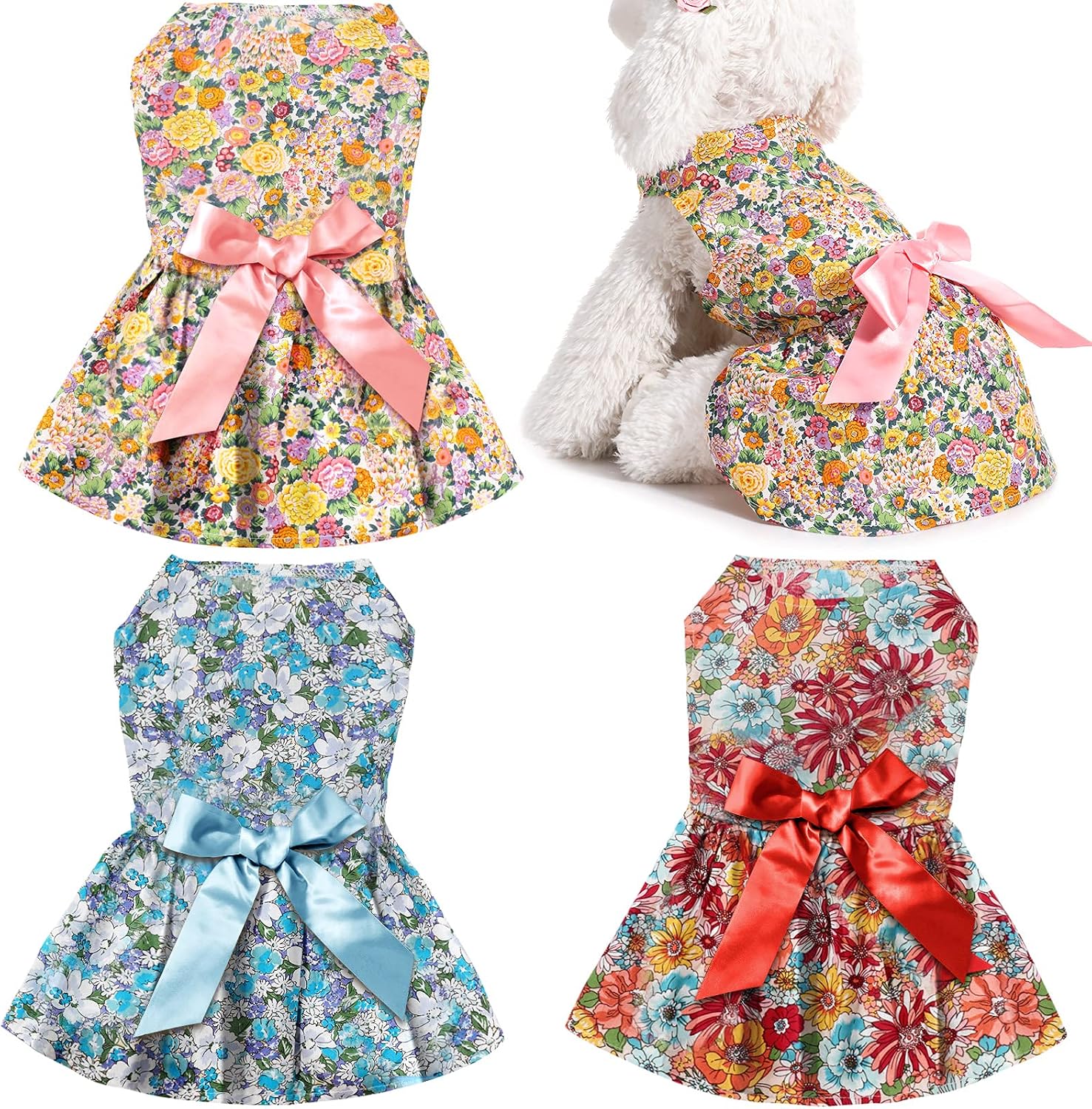 3 Pieces Cute Ribbon Dog Dress for Small Medium Dogs Flowers Pattern Bows Puppy Shirts Dog Clothes Pet Apparel or Dogs Cats in Wedding Holiday Christmas New Year Summer (Multiple Flowers,Small)