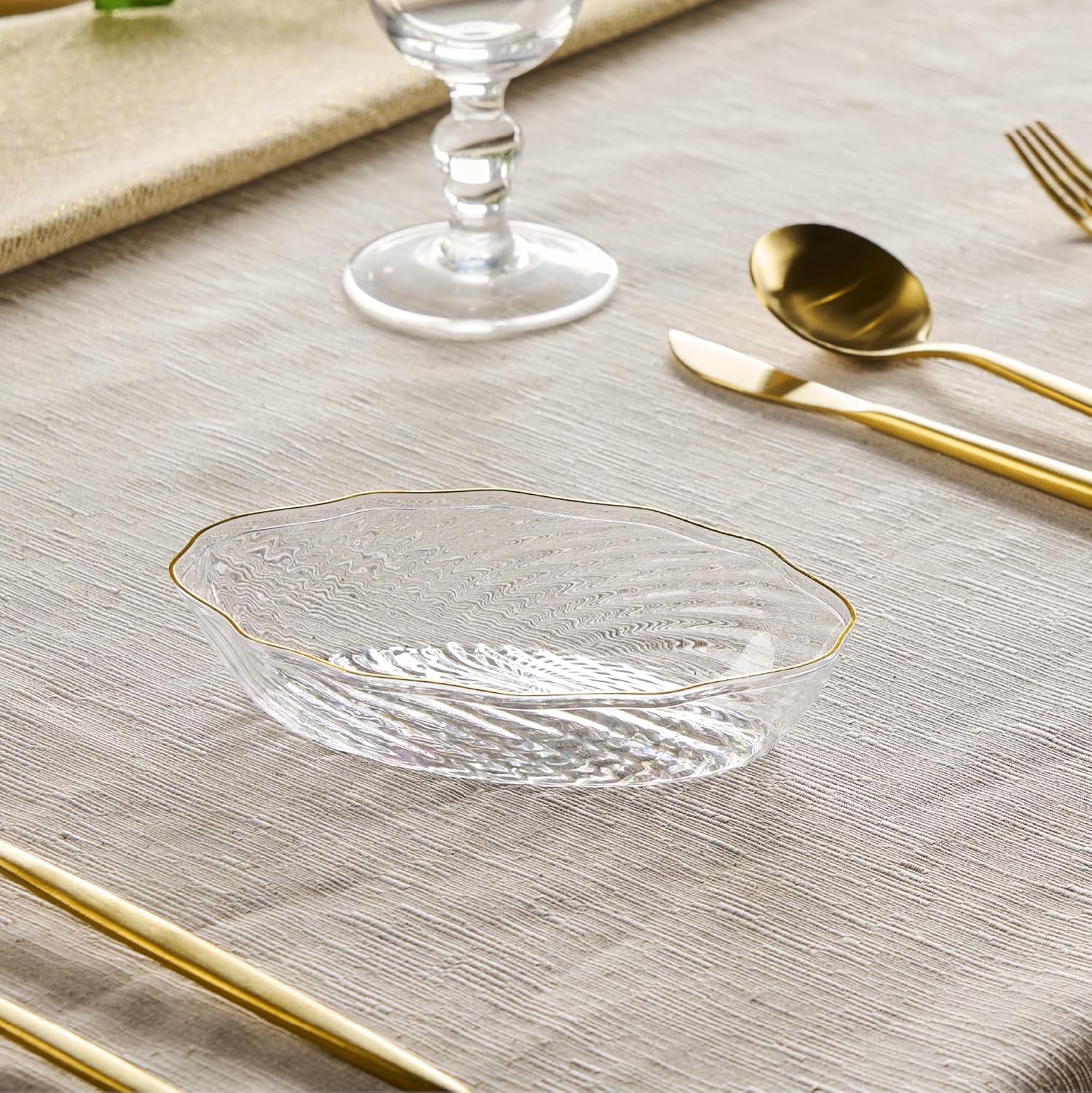 PLASTICPRO 30 Pack Elegant Plastic Plates 7 oz bowls Clear with Gold Rim Spiral Design Disposable Plastic Dinner Bowls - Image 2