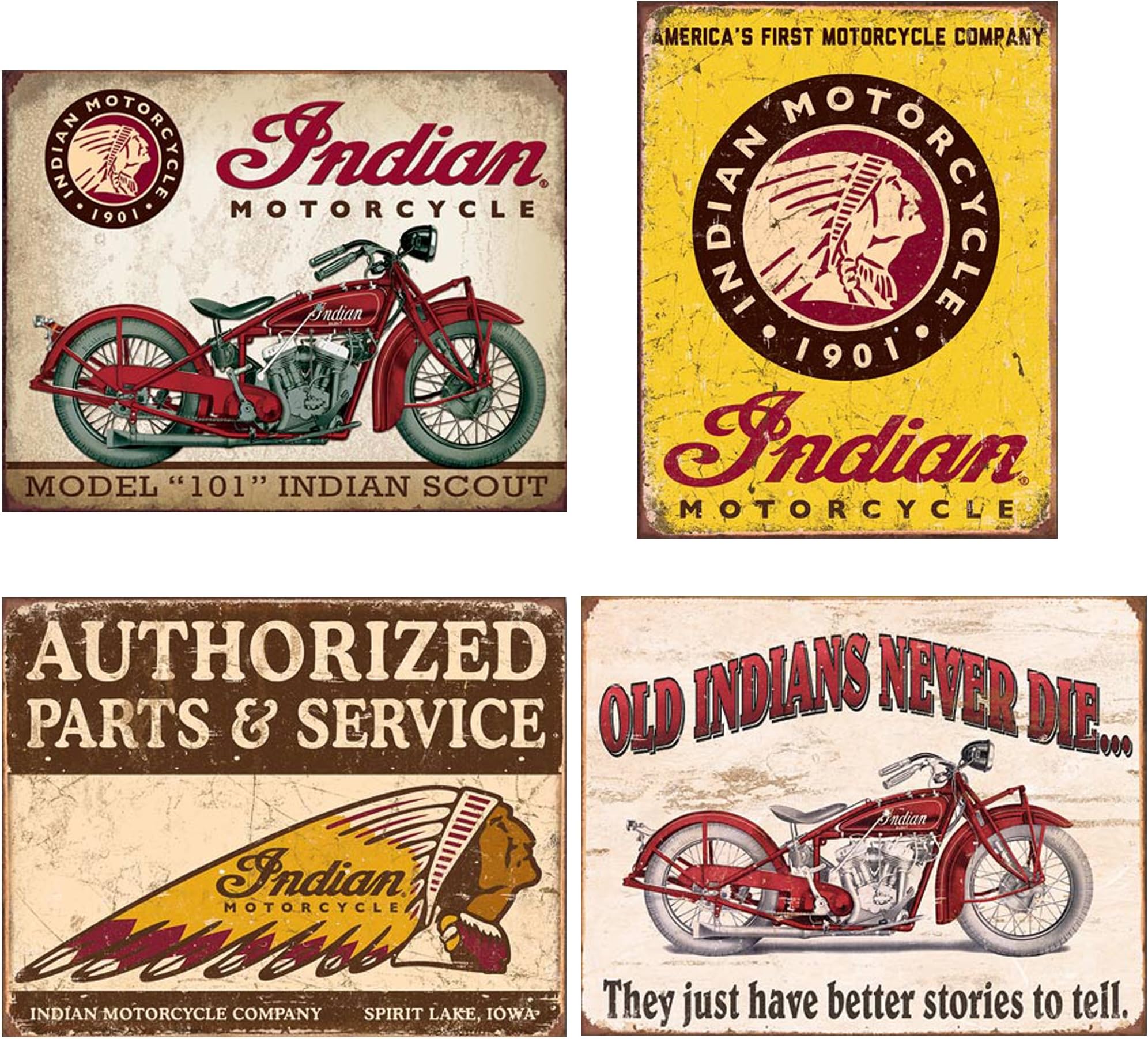 Indian Tin Sign Bundle - Indian Scout, Indian Motorcycles Since 1901, Authorized Indian Parts and Service, Indian - Better Stories