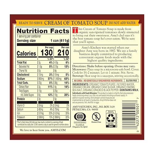 Miniatura 8 de Amys Sopa sin gluten crema orgánica de tomate baja en grasa 145 onzas