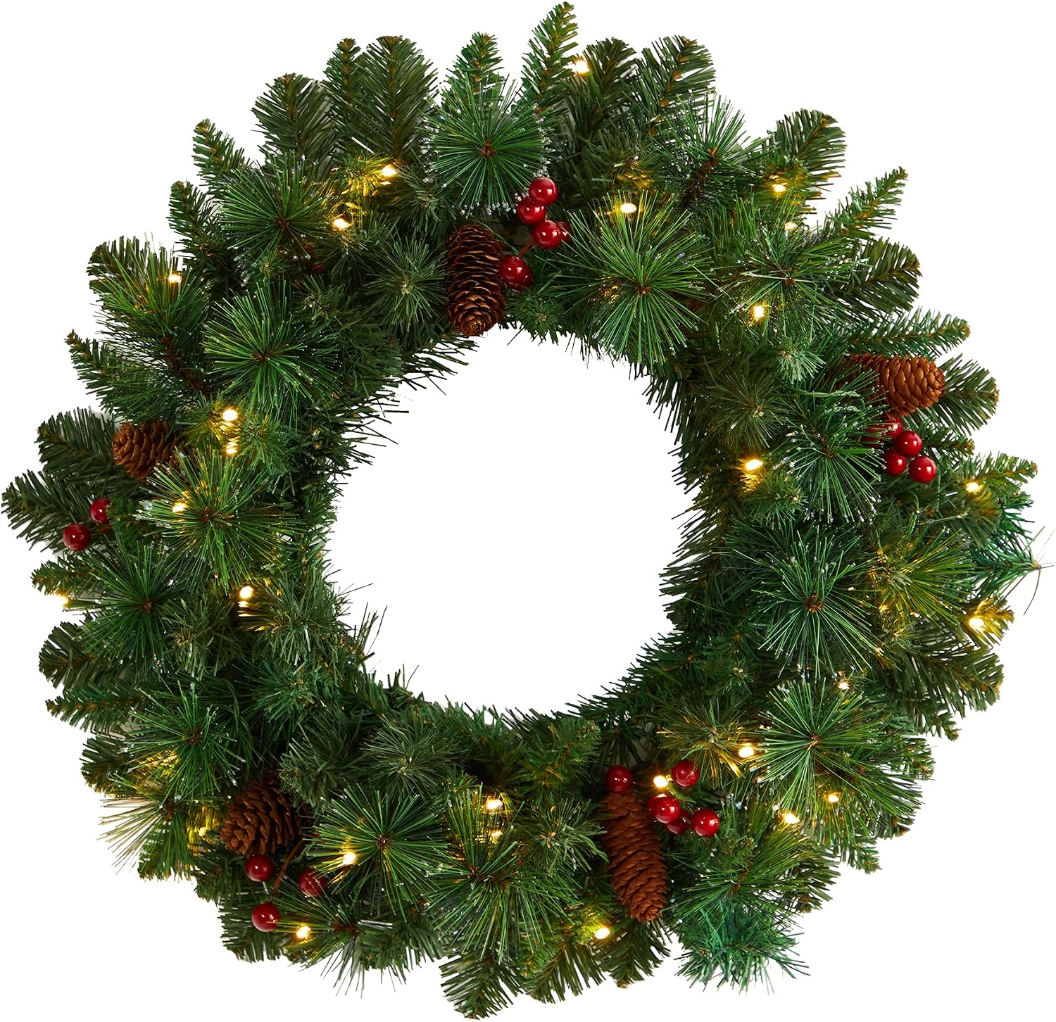 Nearly Natural 20in. Frosted Pine Artificial Christmas Wreath with Pinecones, Berries and 35 Warm White LED Lights