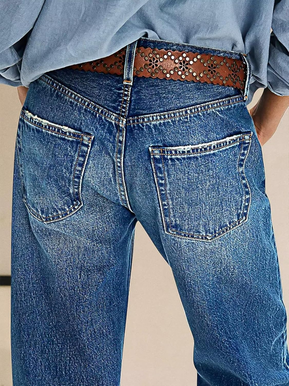 Flamingals Women’s Mid Rise Straight Leg Jeans Trendy Baggy Wash Raw Hem Denim Jeans Without Belt - Image 5