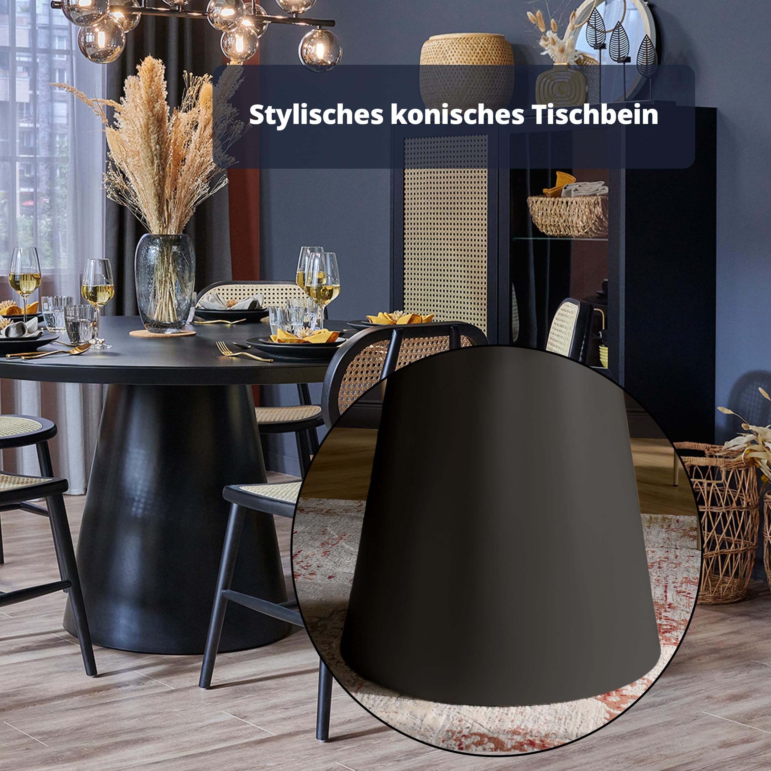 KHG Esstisch Rund 150 cm Durchmesser, Schwarz mit Glasplatte, Platz für 6 Personen, bis 100 kg belastbar - Minimalistisches Design, konisches Tischgestell, modern & pflegeleicht