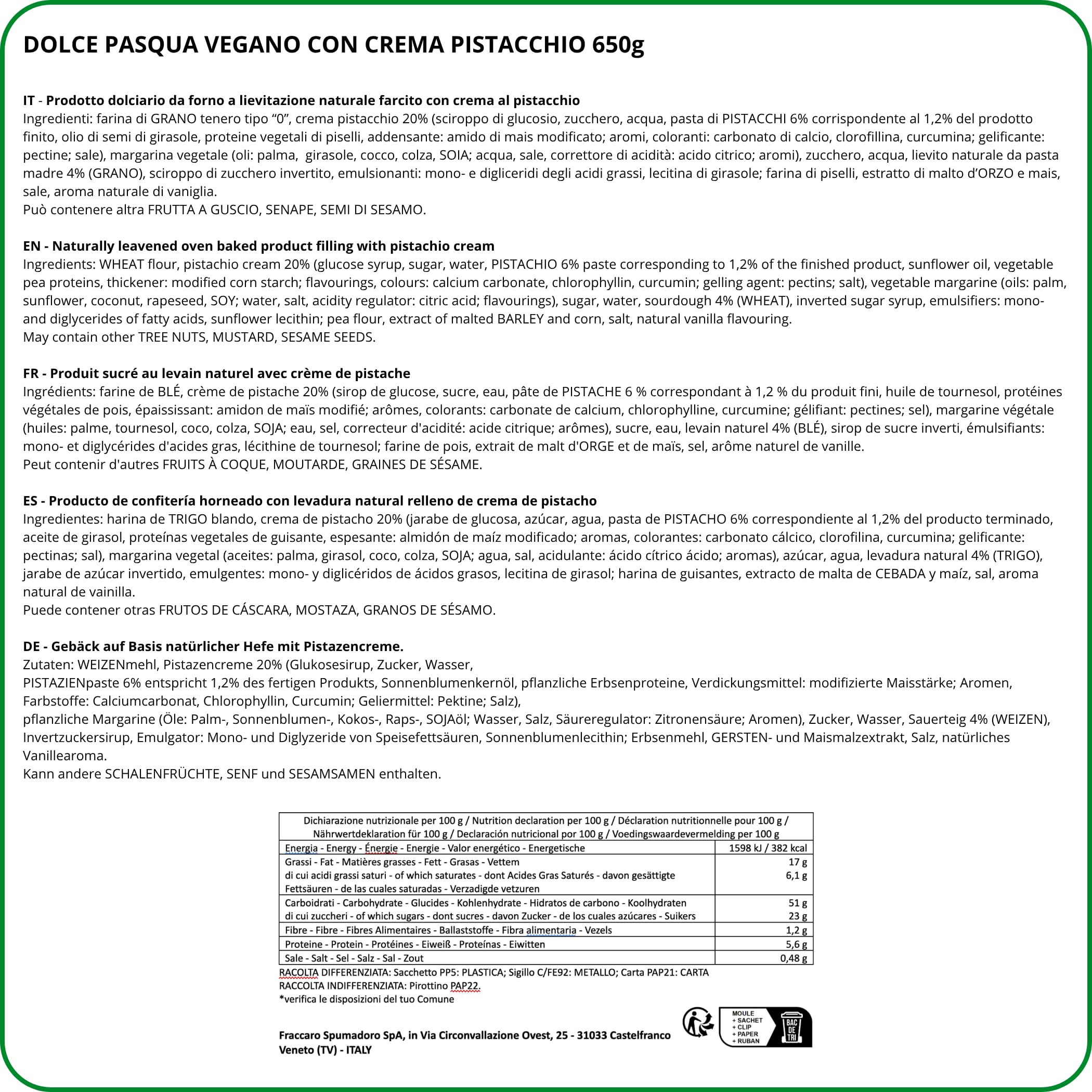 Dolce di Pasqua Vegano al Pistacchio Senza Lattosio, 650 gr - Senza Burro e Uova, Dolce Vegan on Crema al Pistacchio, Impasto con Lievito Madre, Made in Italy - Italian Green Bakery