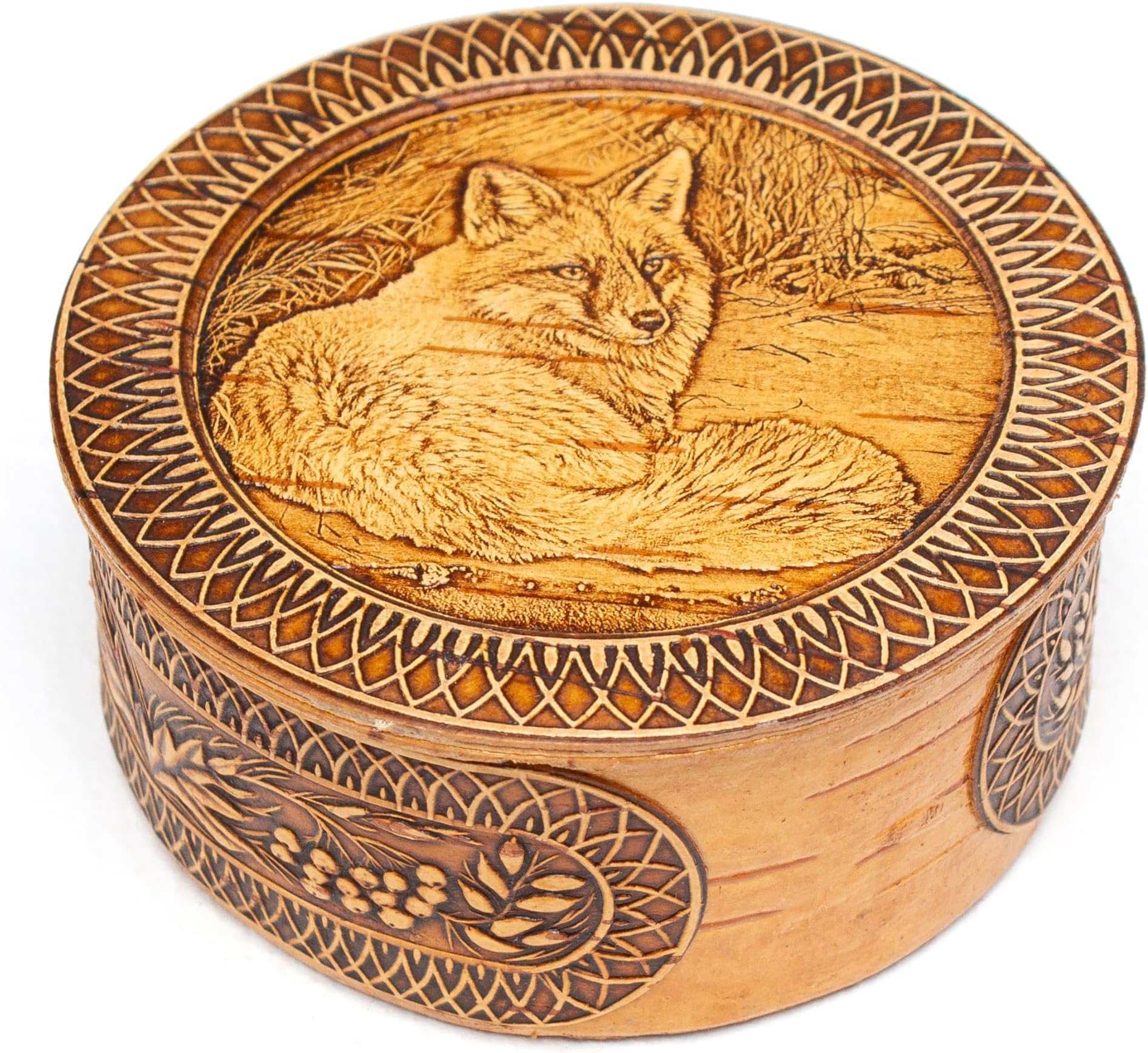 Round Decorative Trinket Birch Bark Wooden Box Animals (Fox)