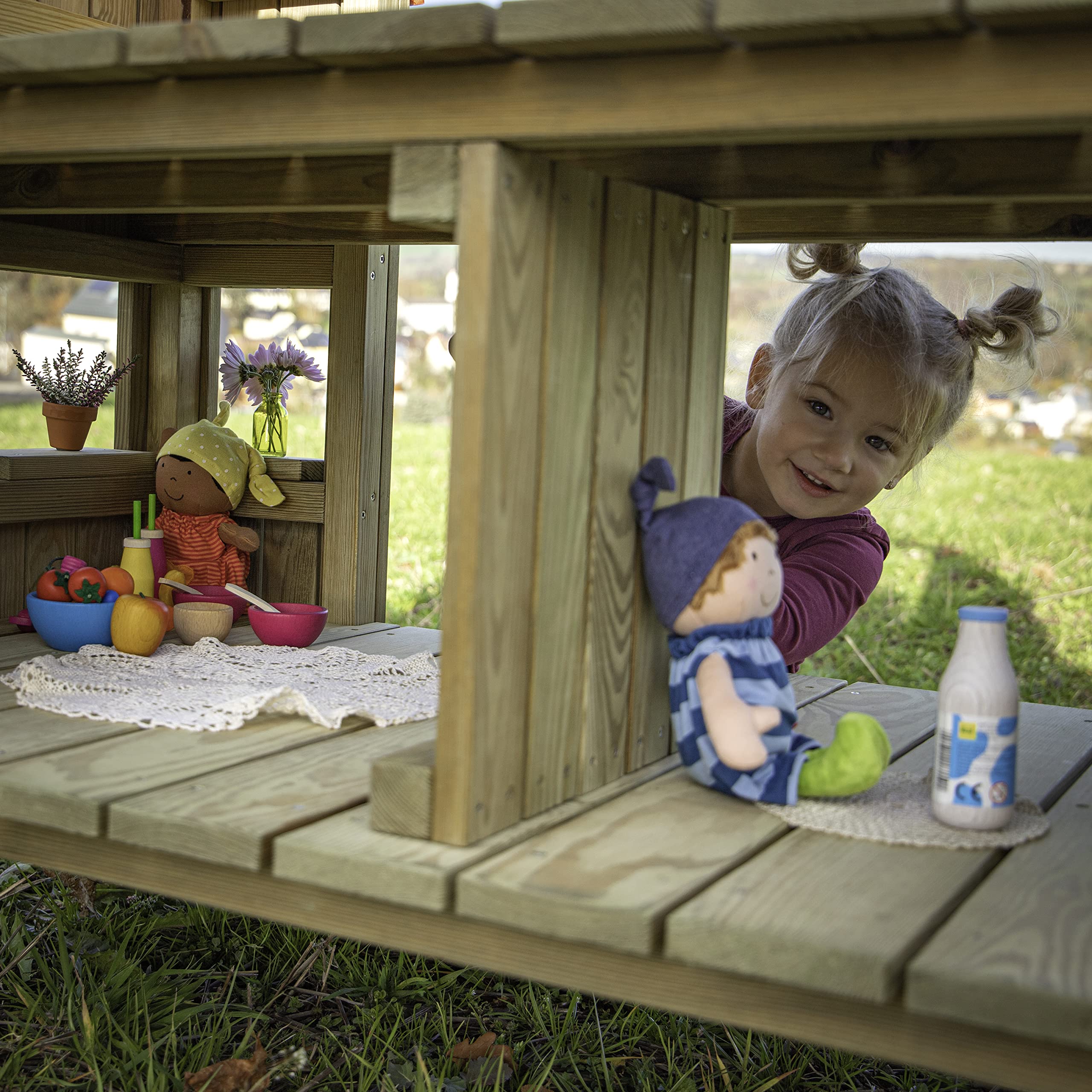 Erzi 10041 Puppenhaus Outdoor aus Holz, für Kinder | zum Spielen im Garten, Rollenspiele, Kreative Spielwelten gestalten