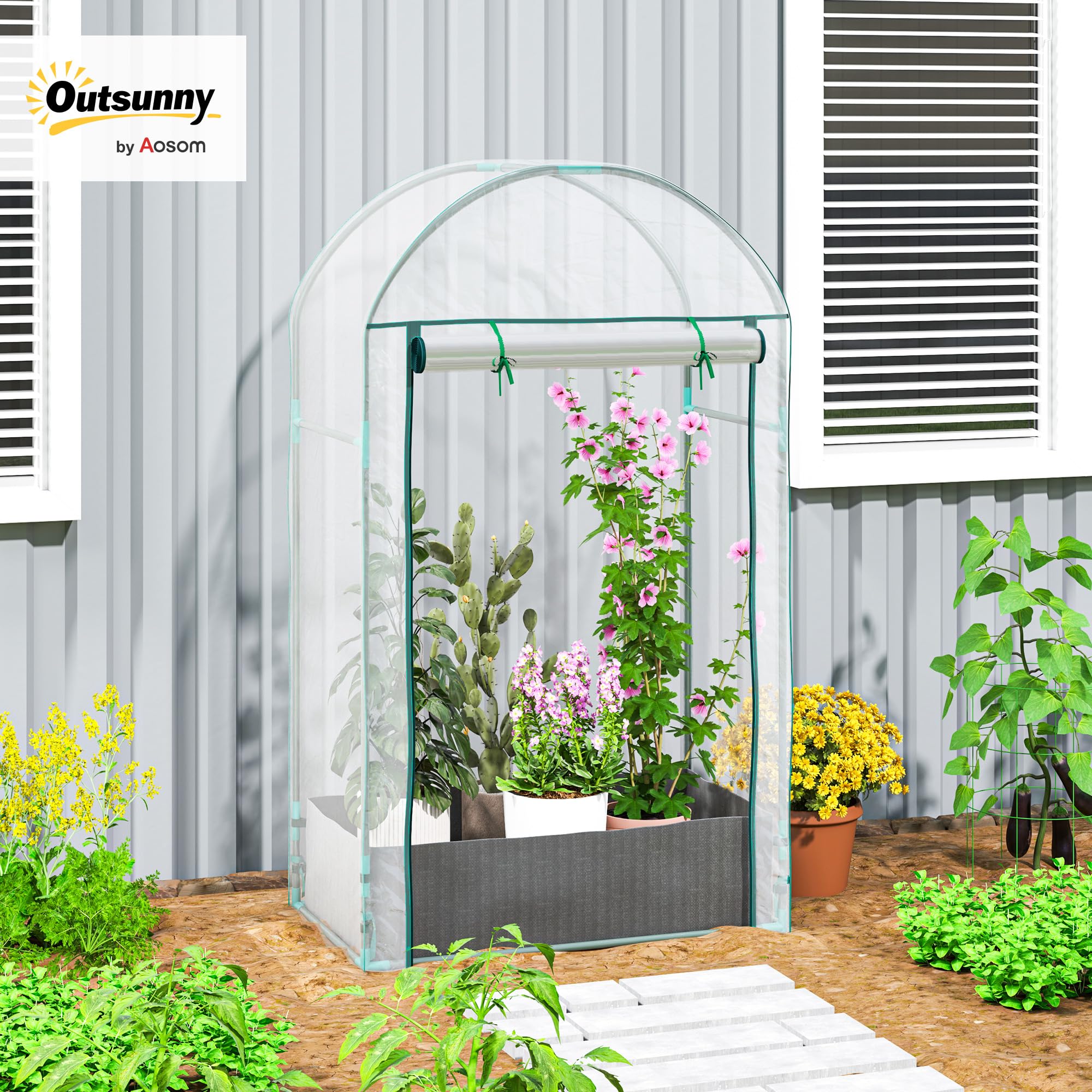 Outsunny Serre de Jardin, Serre de Balcon, Bâche Renforcée PVC, Châssis en Acier, Porte Zippée Enroulable avec Sac de Plantation, pour Légumes, Plantes, Intérieur, Extérieur, 89x50x152cm, Transparent
