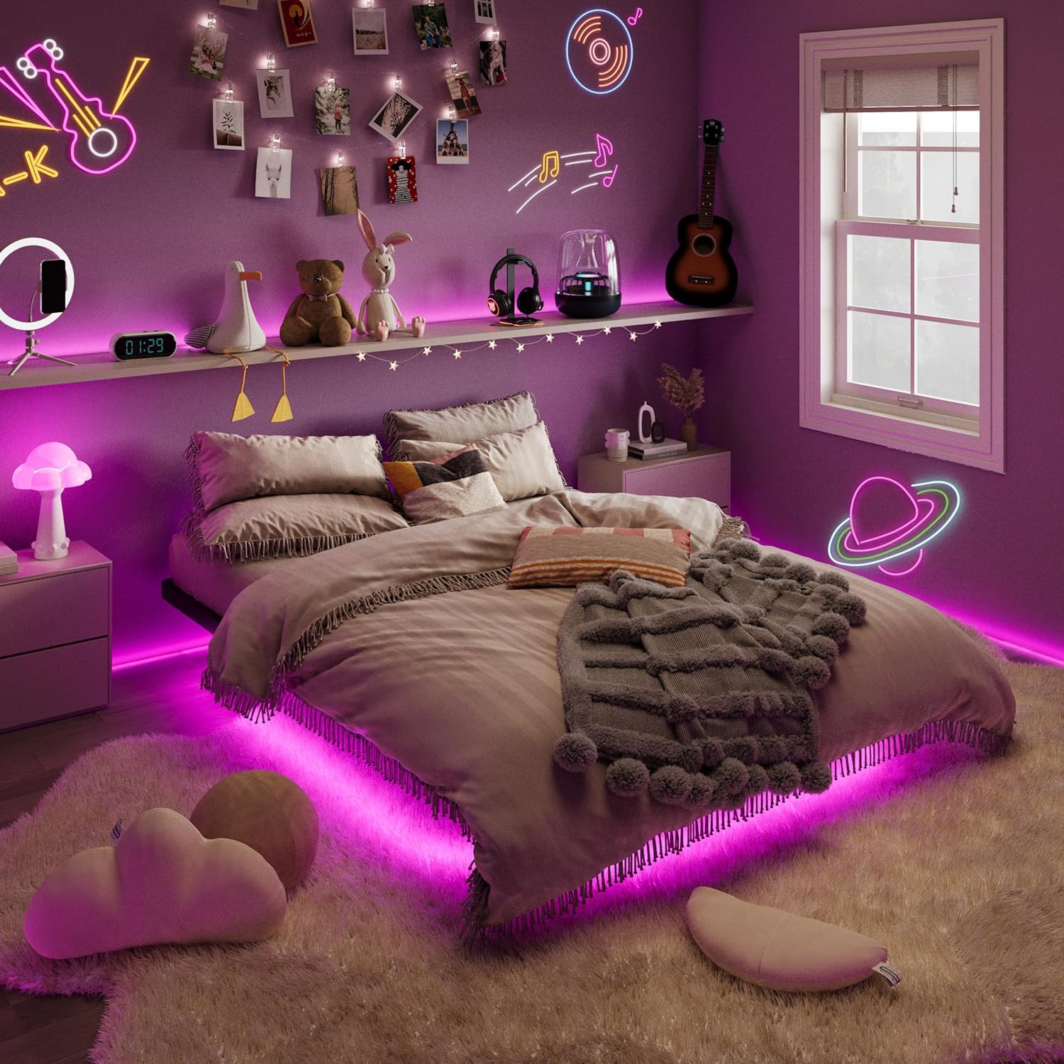 SHA CERLIN Floating Bed Frame Full Size with Smart LED Lights and Charging Station, Heavy Duty Metal Platform Bed with Modern Design,No Box Spring Needed, Easy Assembly, Matte Black