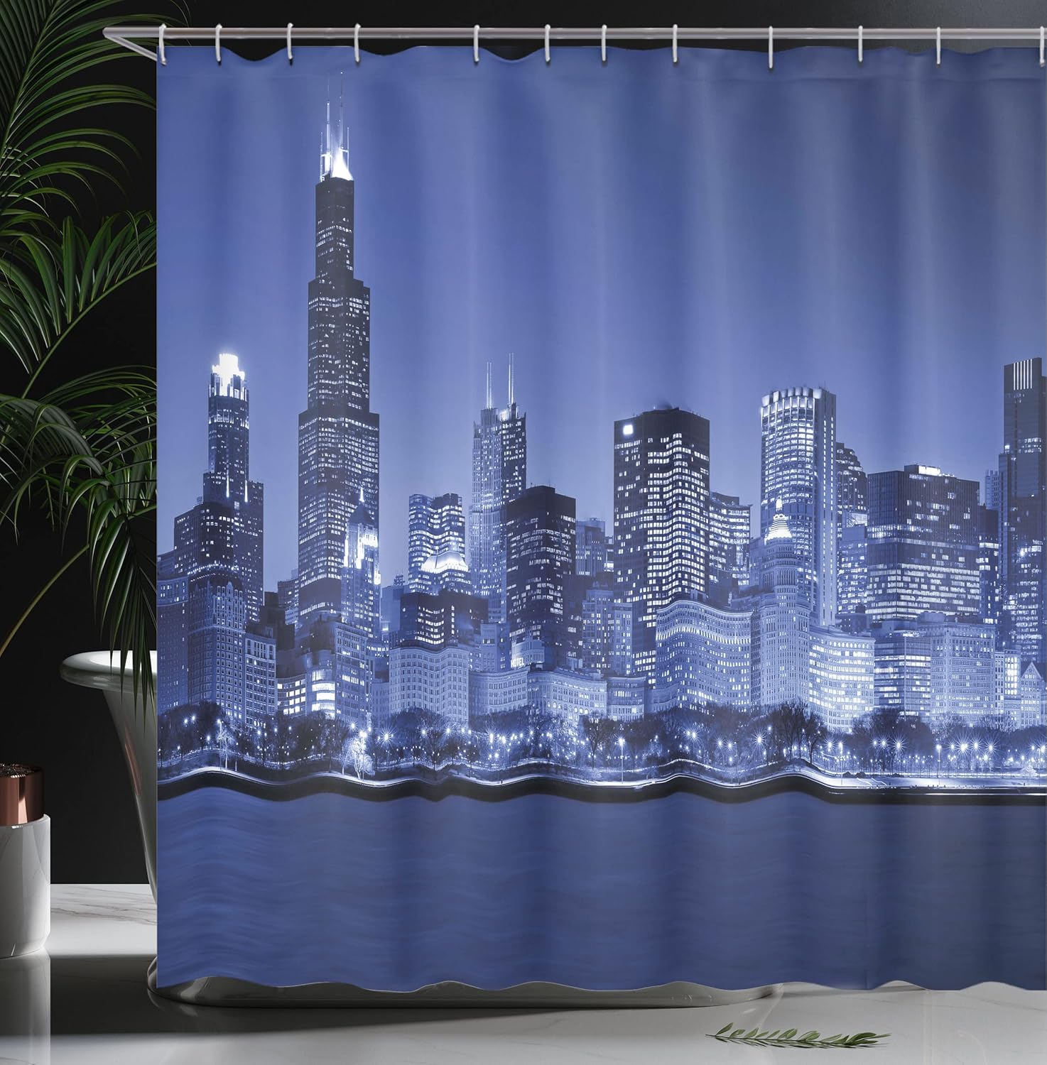 Ambesonne USA Shower Curtain, Chigago City Skyline at Night with Tall Buildings Urban Modern Life America Town Scene, Cloth Fabric Bathroom Decor Set with Hooks, 69" W x 70" L, Violet Blue