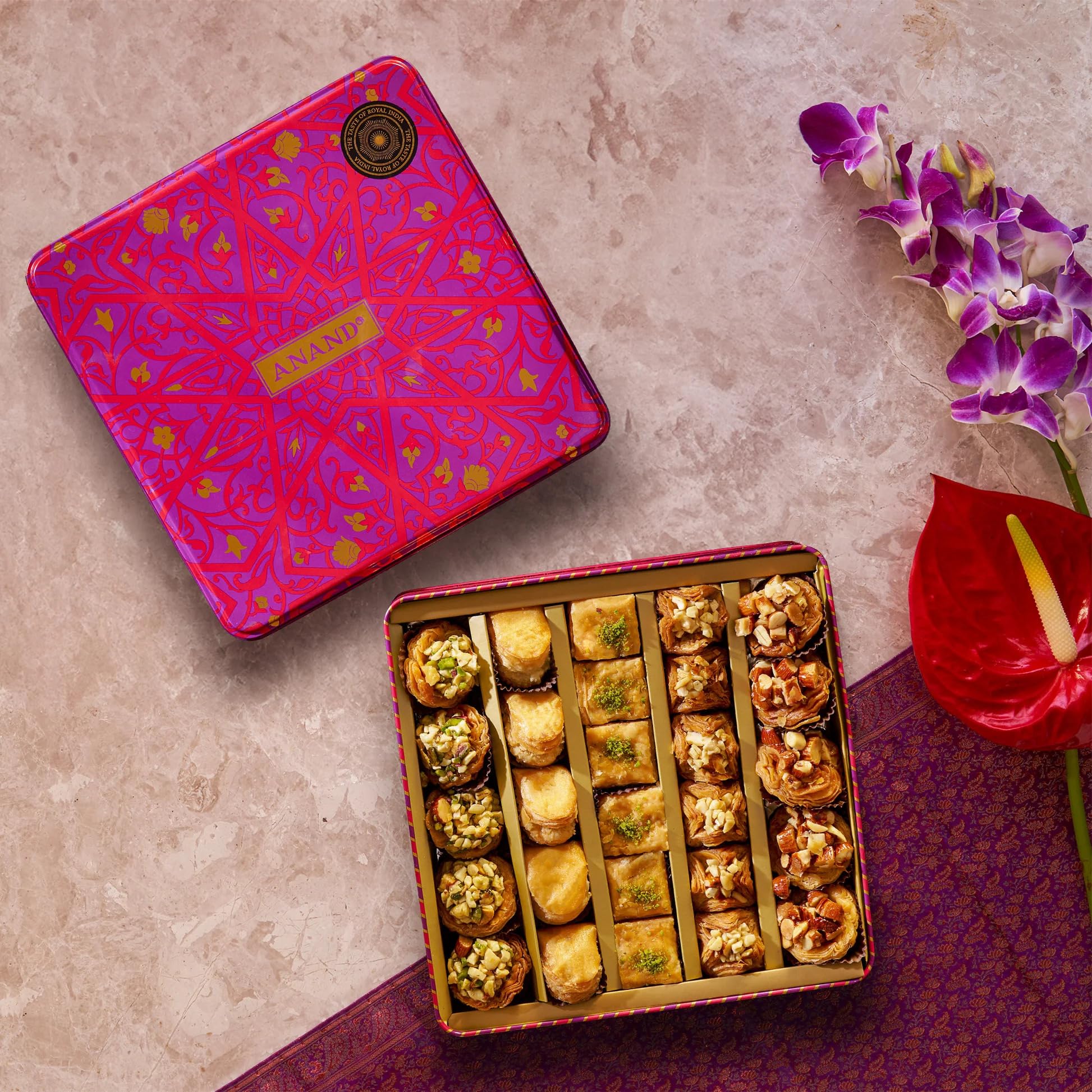 Anand Royal Baklava Square Tin Box 600gm - Assorted Tarts with Imported Nuts & Pure Ghee Dipped in Honey Syrup Tin | No preservatives, Sweets for festival & gifting to Friends & Family, Turkist Dessert-picture-24