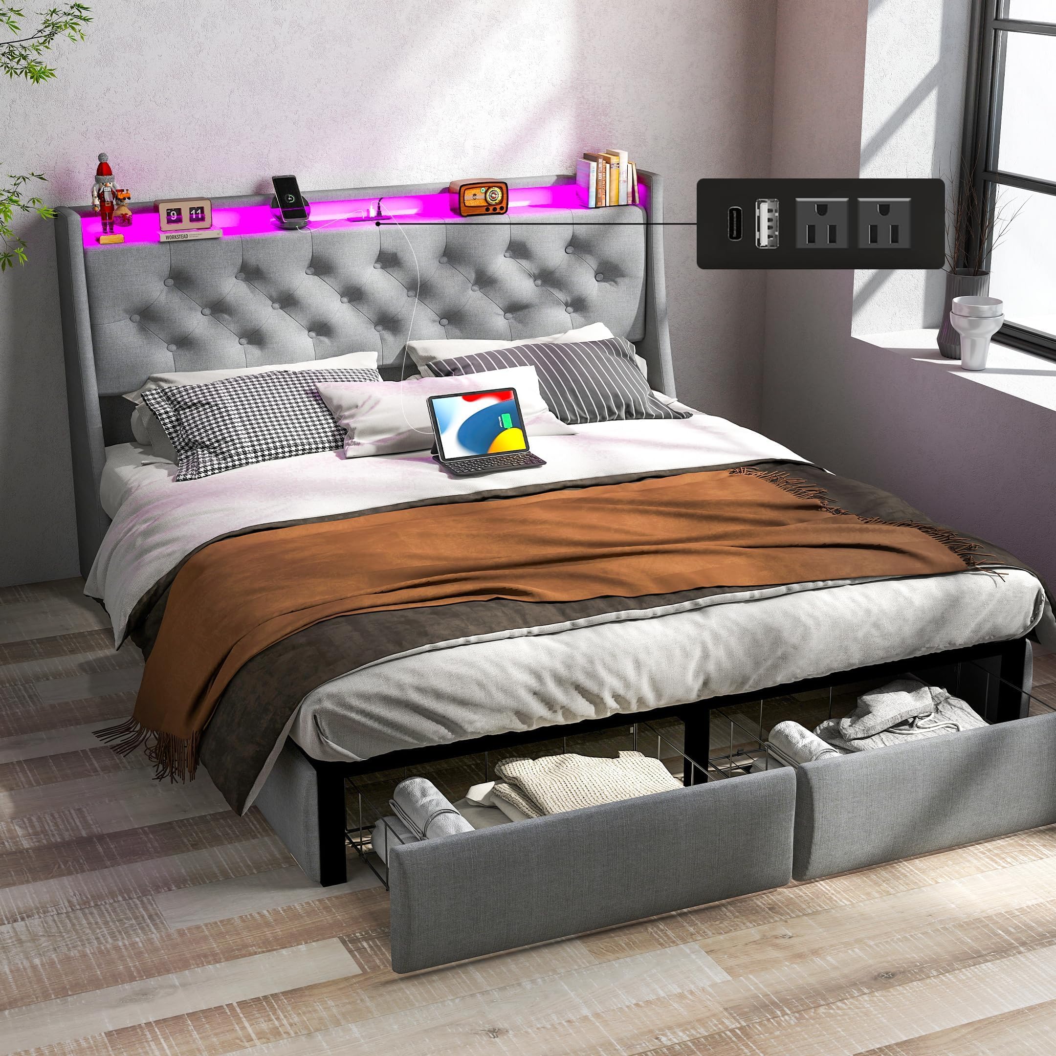 Queen Bed Frame with 2 Storage Drawers and Luxury Wingback Upholstered Button Tufted Storage Headboard,Charging Station,Storage Headboard and LED Lights,Remote Control/Noise-Free