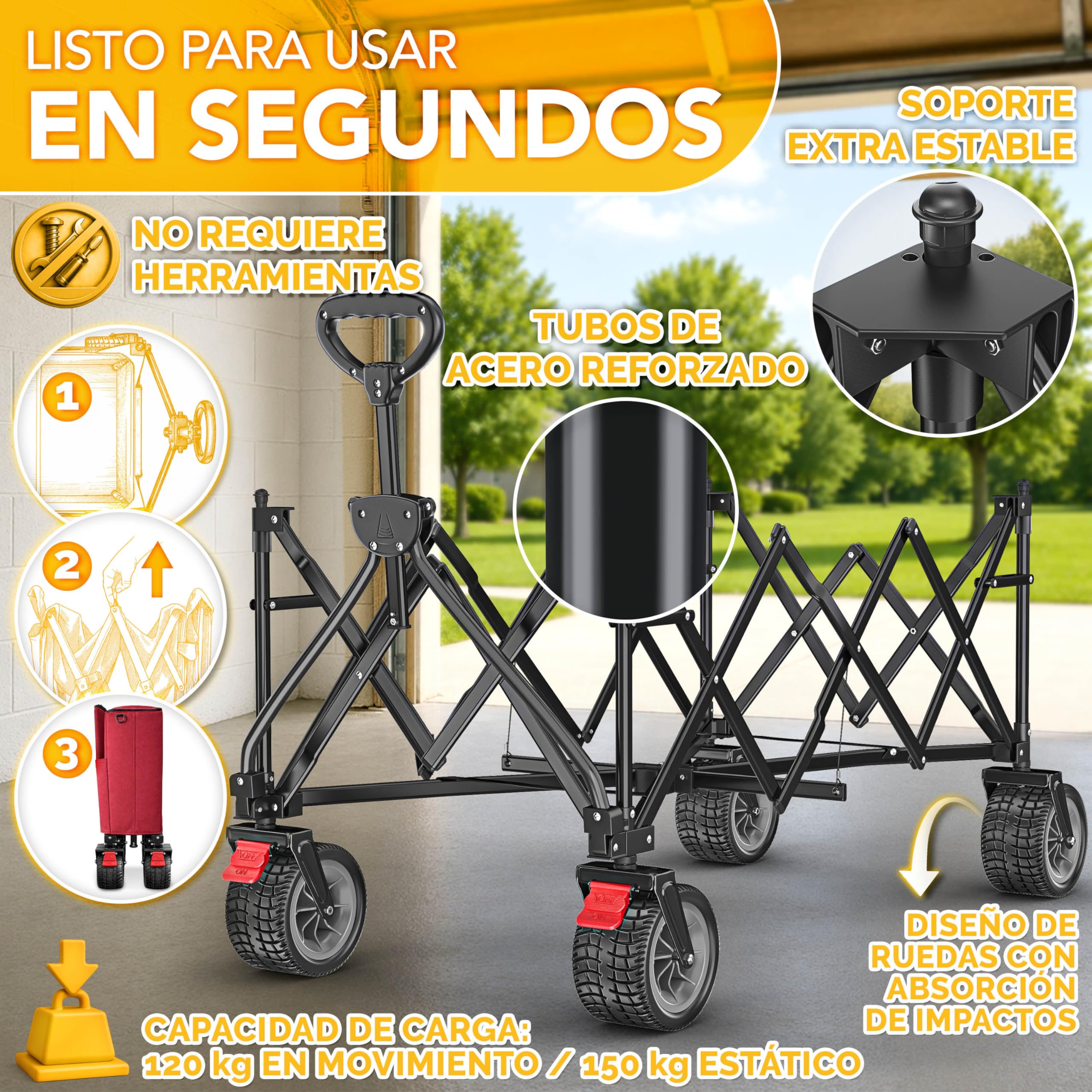 TRESKO® Carro plegable de 300 l con freno, carro de mano plegable, 150 kg, incluye neumáticos de goma maciza, carrito de playa plegable, ruedas extra anchas, con bolsa de transporte, color rojo