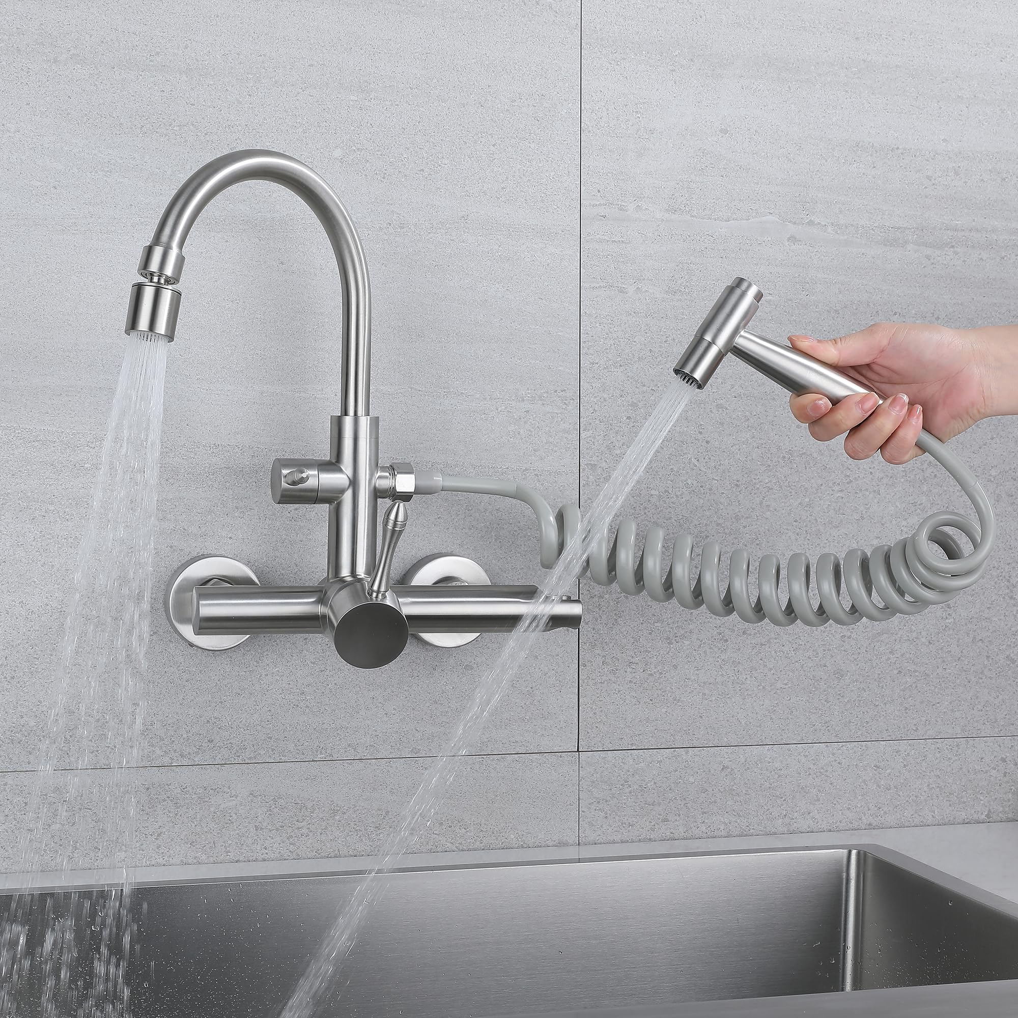 grifo cocina pared Grifo de cocina Grifo de agua fría y caliente de pared Grifo de 360 ​​° con pistola rociadora Fregadero de acero inoxidable 304 multifunción cepillado-si