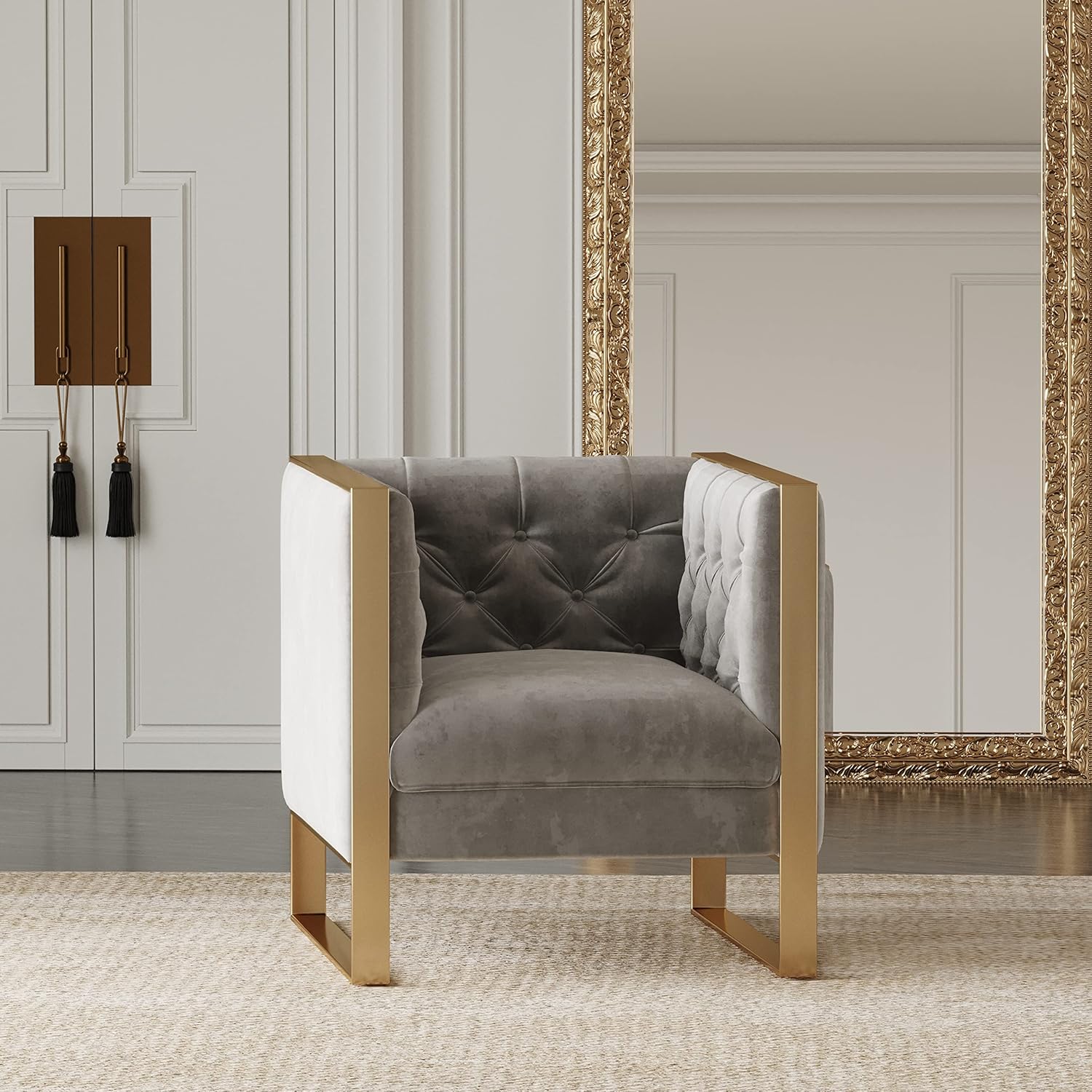 Limari Home Orlando Collection Modern Style Velvet Upholstered Living Room Accent Chair With Tufted Backrest & Stainless Steel Legs, Grey & Gold