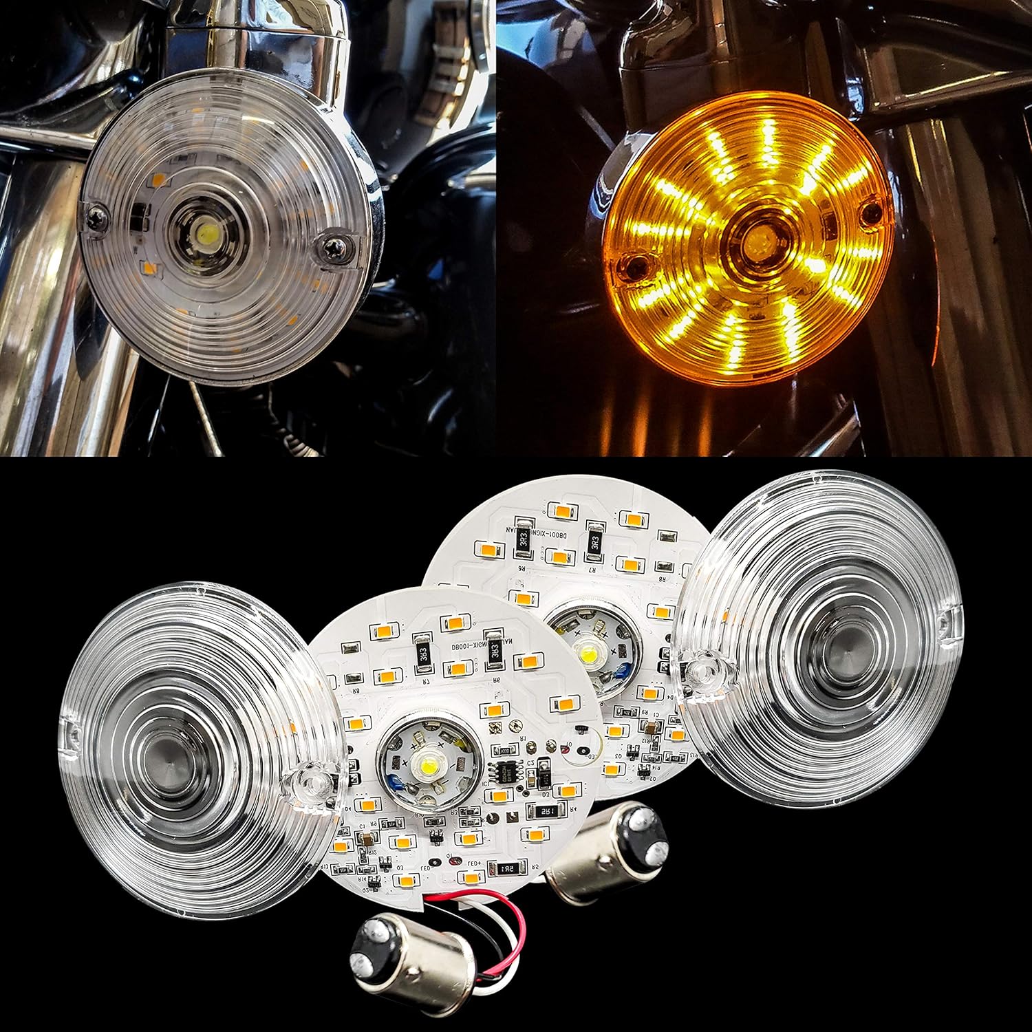 OZ-USA 3" Front White Amber Dual LED 1157 Bulb Turn Signal Kit Day Time Running Compatible with Harley Touring Maker