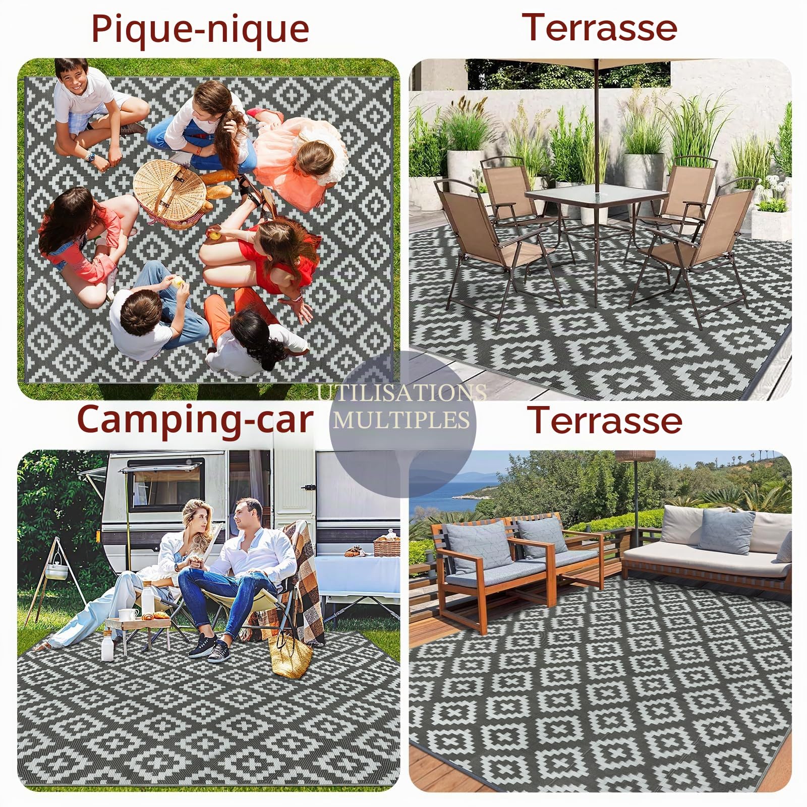 Homcomodar Tapis d'extérieur Réversible 180x270cm Tapis Paille de Plastique Recyclé Résistant Tapis Extérieur aux UV pour Terrasse Plage Barbecue Pique Nique Terrasse Balcon,Gris