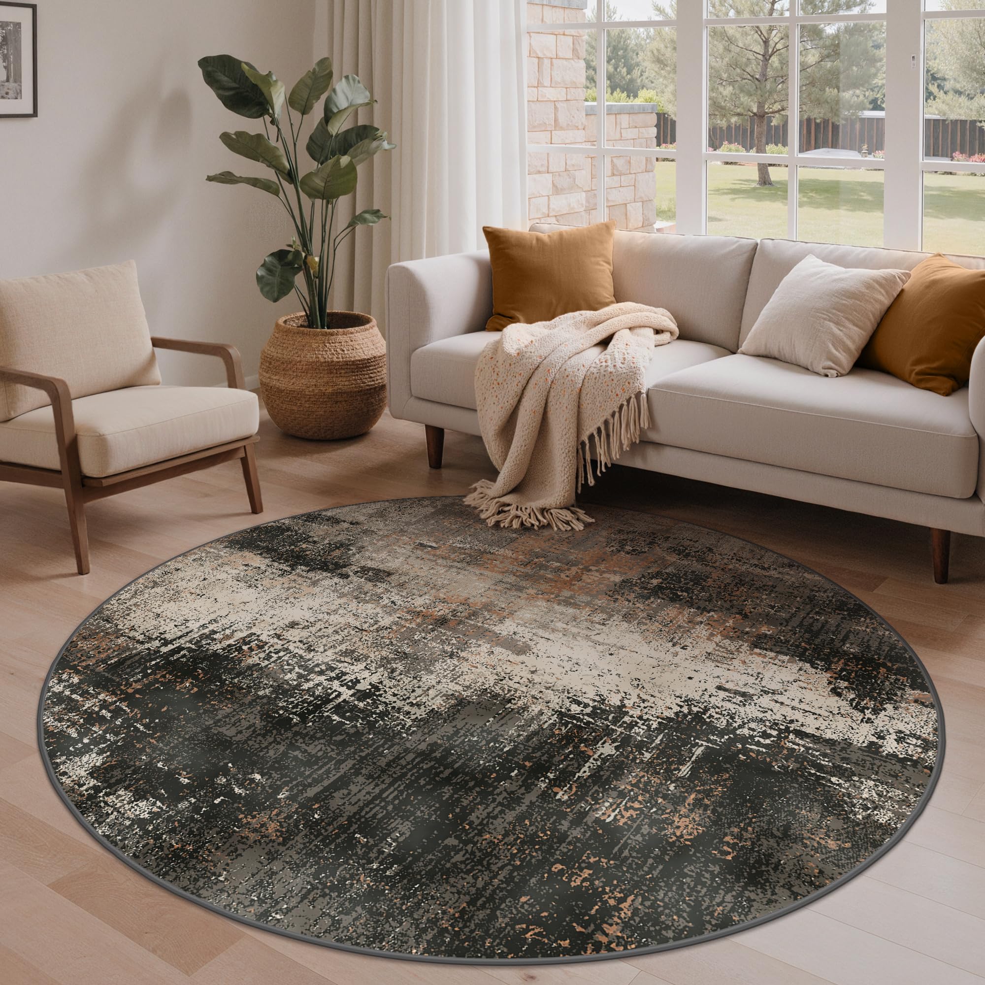 BEIMO Circle Rug Living Room 160cm, Modern Area Rugs, Machine Washable Bedside Rugs, Non-Slip Carpet, Low Pile, Non-Shedding, Distressed Finish Printed Design, Earthen Brown — image 1