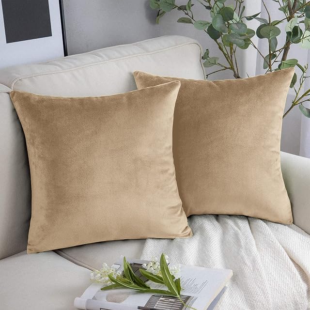 YORKSHIRE BEDDING Cushion Covers 45 x 45 cm - Decorative Velvet Square Throw Pillow Cases - Luxury Soft Pack of 2 Beige Cushion Cover for Sofa Couch Bedroom with Invisible Zipper 18x18 Inches