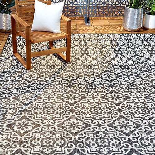 Nicole Miller New York Patio Country Danica Alfombra de Área Geométrica Transicional para Interiores/Exteriores, Negro/Gris, 1'9"x2'11"