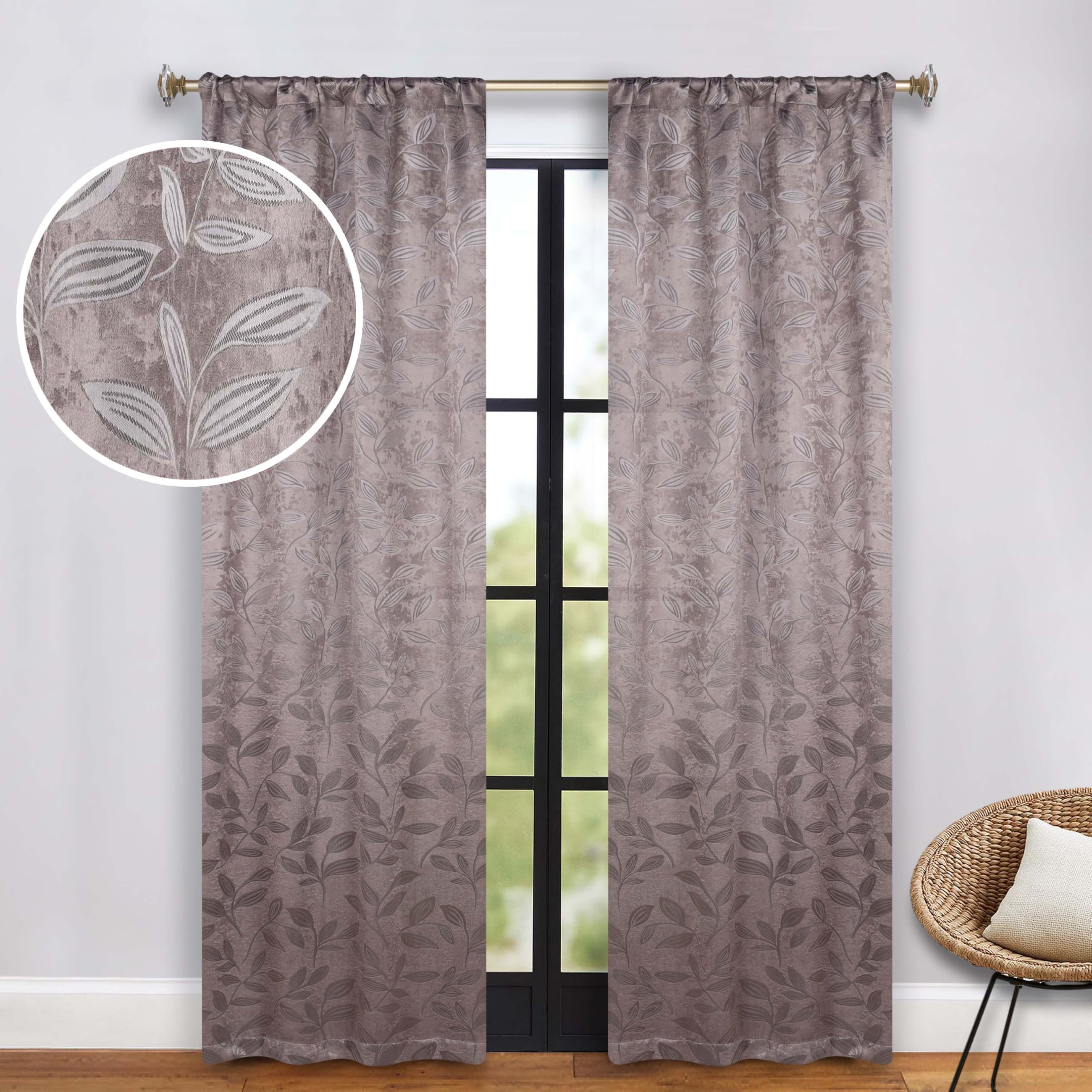 Superior, set di 2 tende oscuranti, per camera da letto e cucina, blocco luce solare, termiche, motivo foglie, 66 cm x 213 cm, cappuccino e marrone