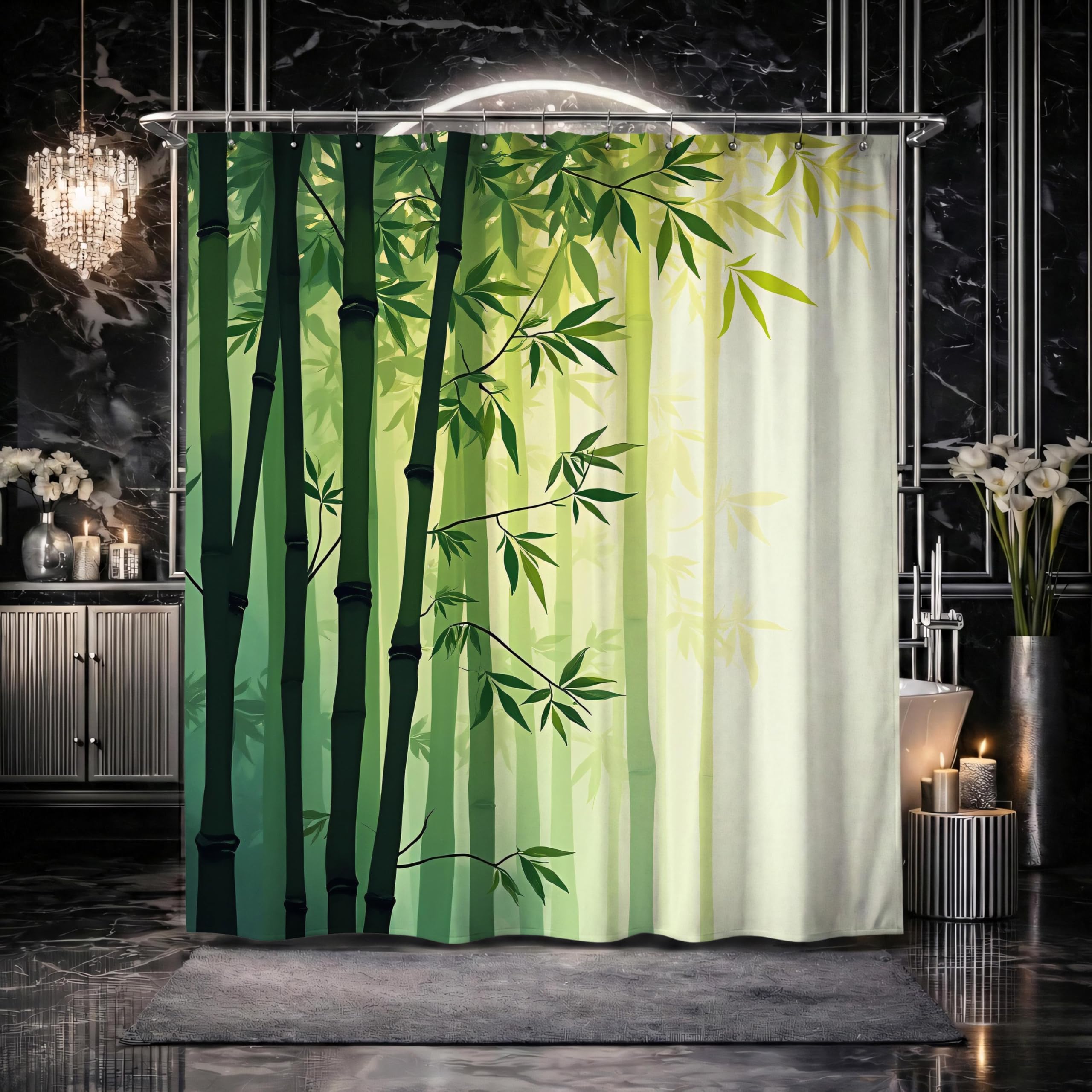 Rideau de Douche en Bambou Vert, Rideau botanique Zen Forest, Art Naturel, Tissu imperméable avec Crochets, Lavable en Machine (240 x 199 cm / 94 x 87 po (L x H)).