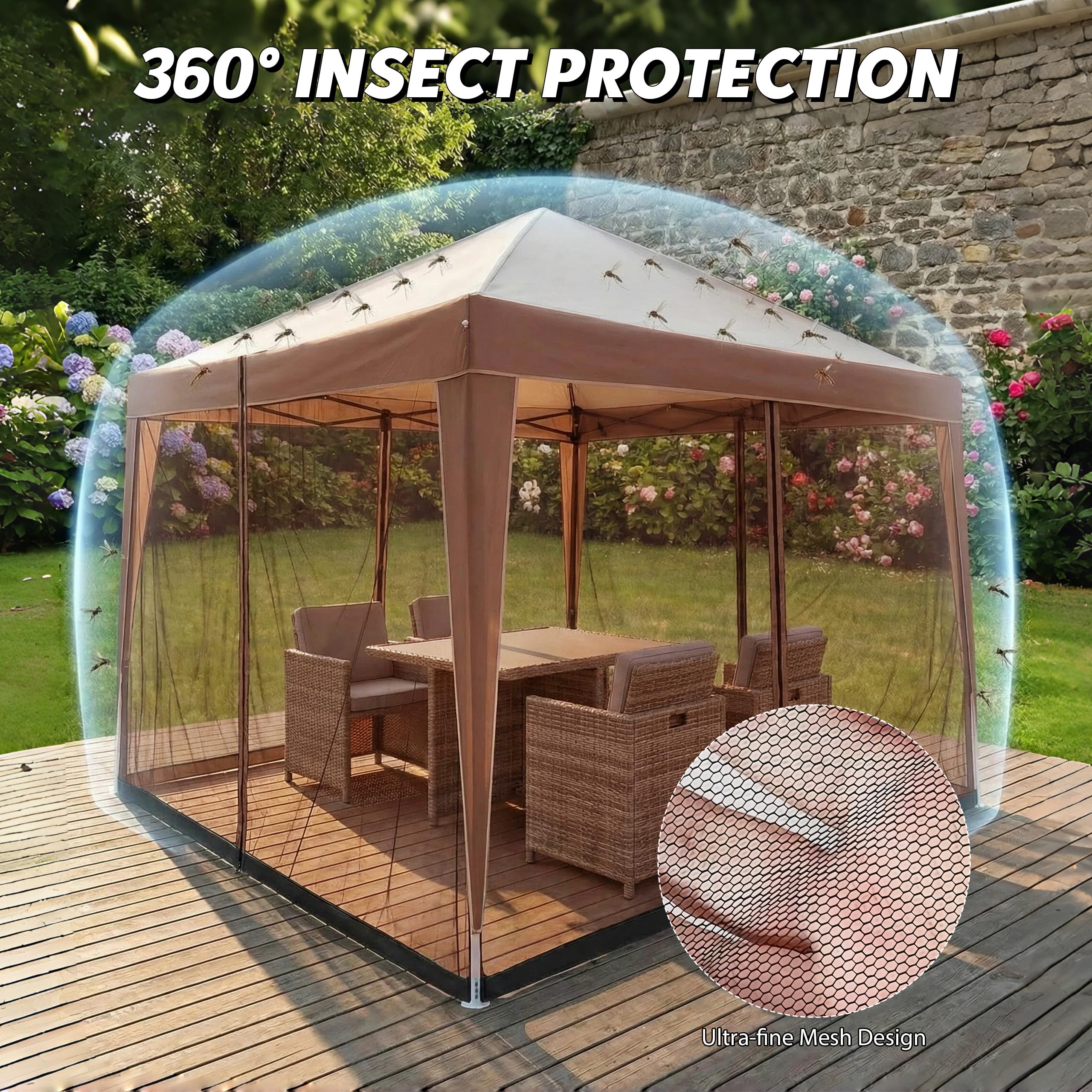 Zanzariera per gazebo 3 x 3 m, zanzariera regolabile | 2 porte con chiusura lampo per zanzariera, con supporto riempito d'acqua, per giardino, patio, cortile, campeggio