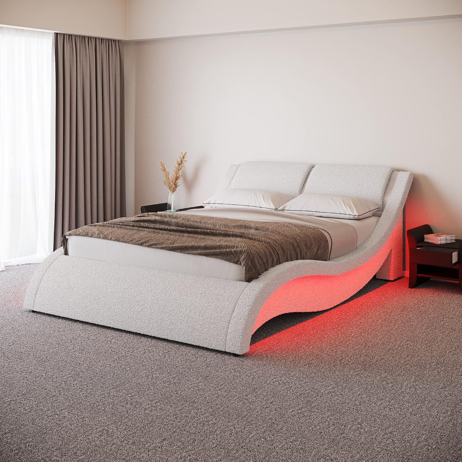 ZTOZZ Lyon Wave Like LED Bed Frame Boucle Full Size - Contemporary Modern Curved Boucle Upholstered Platform Bed with Designer LED Lights Headboard - White Color