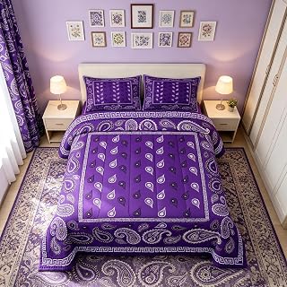 Manfei Purple Bandana Comforter Set Queen Size,Boho Paisley Bandanas Bedding Set 3pcs,Bohemian Chic Floral Down Comforter for All Season,Women Man Room Decor,2 Pillowcases,No Sheets